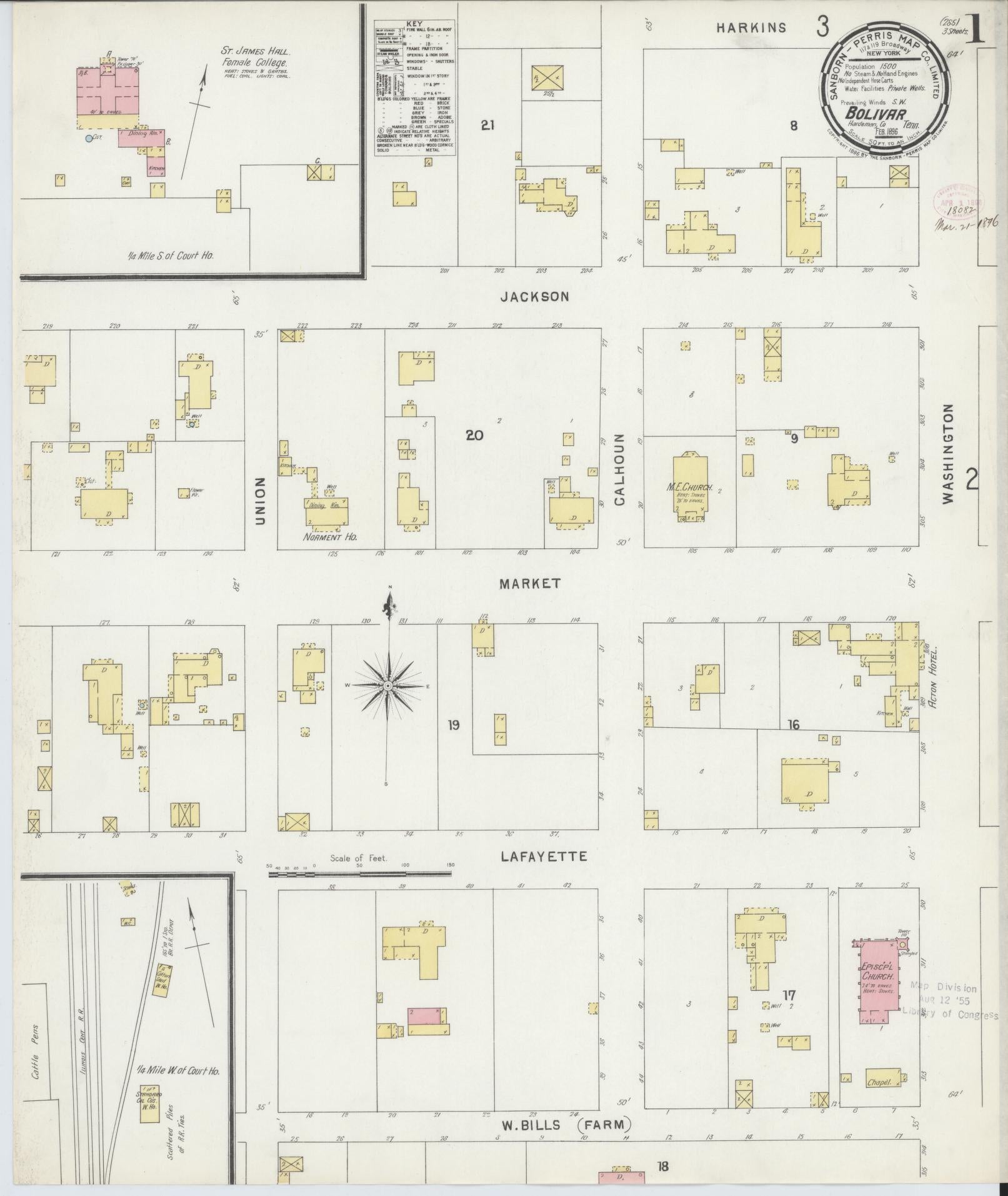 Sanborn Fire Insurance Map from Bolivar, Hardeman County, Tennessee (1896), Sheet #0001 - Complete Map Set gallery image, historic Sanborn map, vintage wall art, Tennessee Tennessee