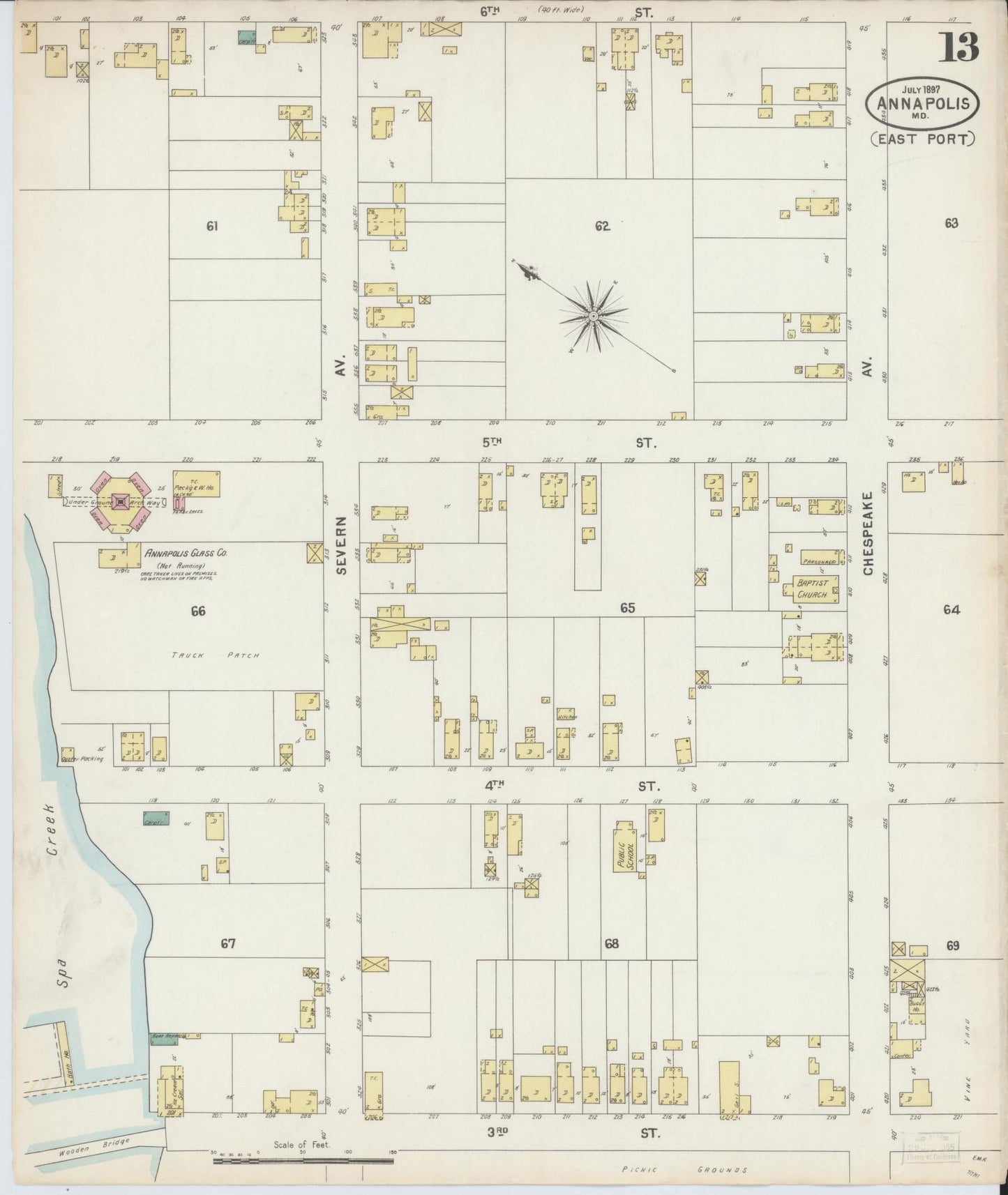 Anne Arundel, Maryland - 1897 - Sanborn Fire Insurance Map, Sheet #0013 - Historic Sanborn Fire Insurance Map Print, Anne Arundel Maryland 1897 0013 vintage old map wall art