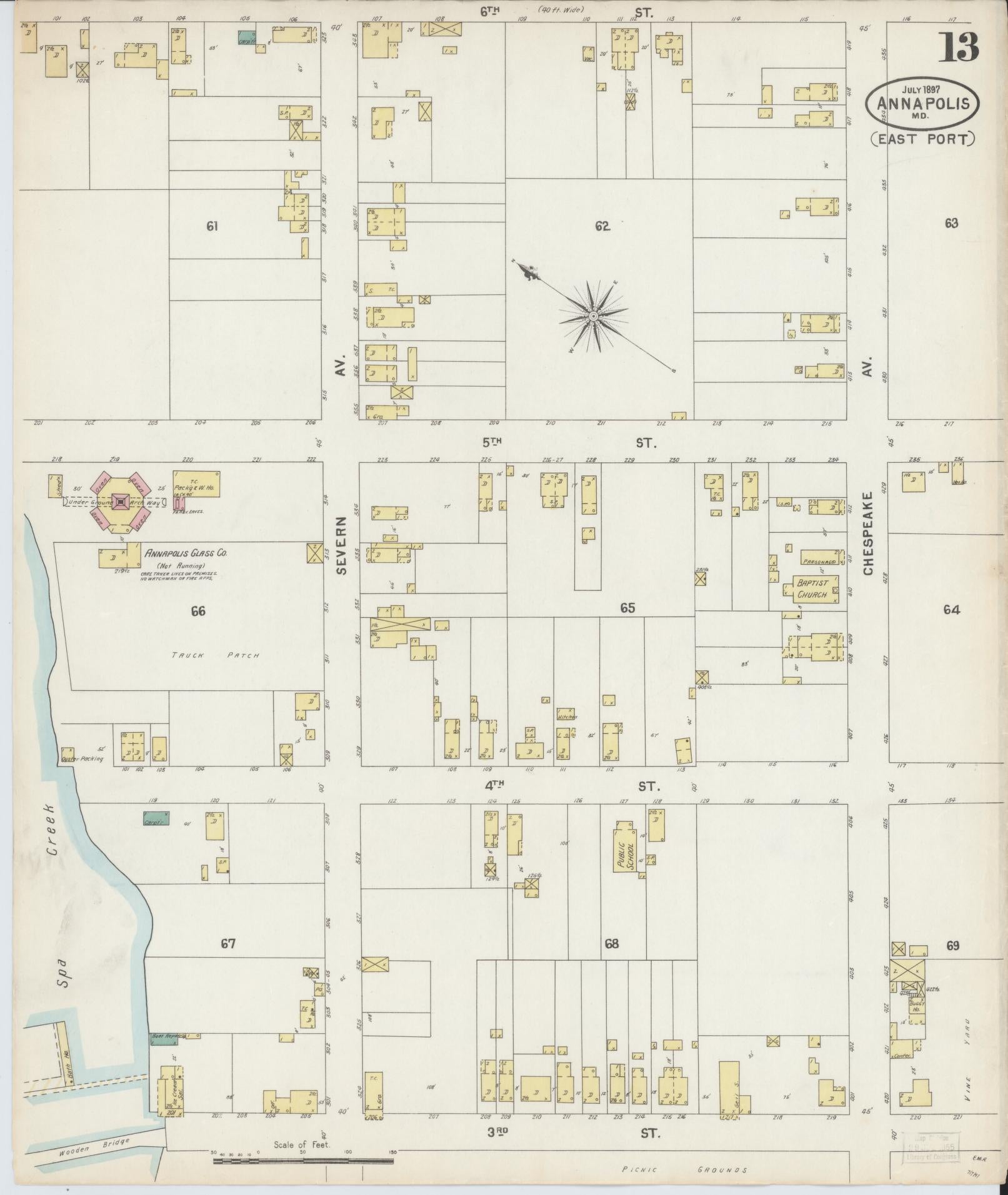 Anne Arundel, Maryland - 1897 - Sanborn Fire Insurance Map, Sheet #0013 - Historic Sanborn Fire Insurance Map Print, Anne Arundel Maryland 1897 0013 vintage old map wall art