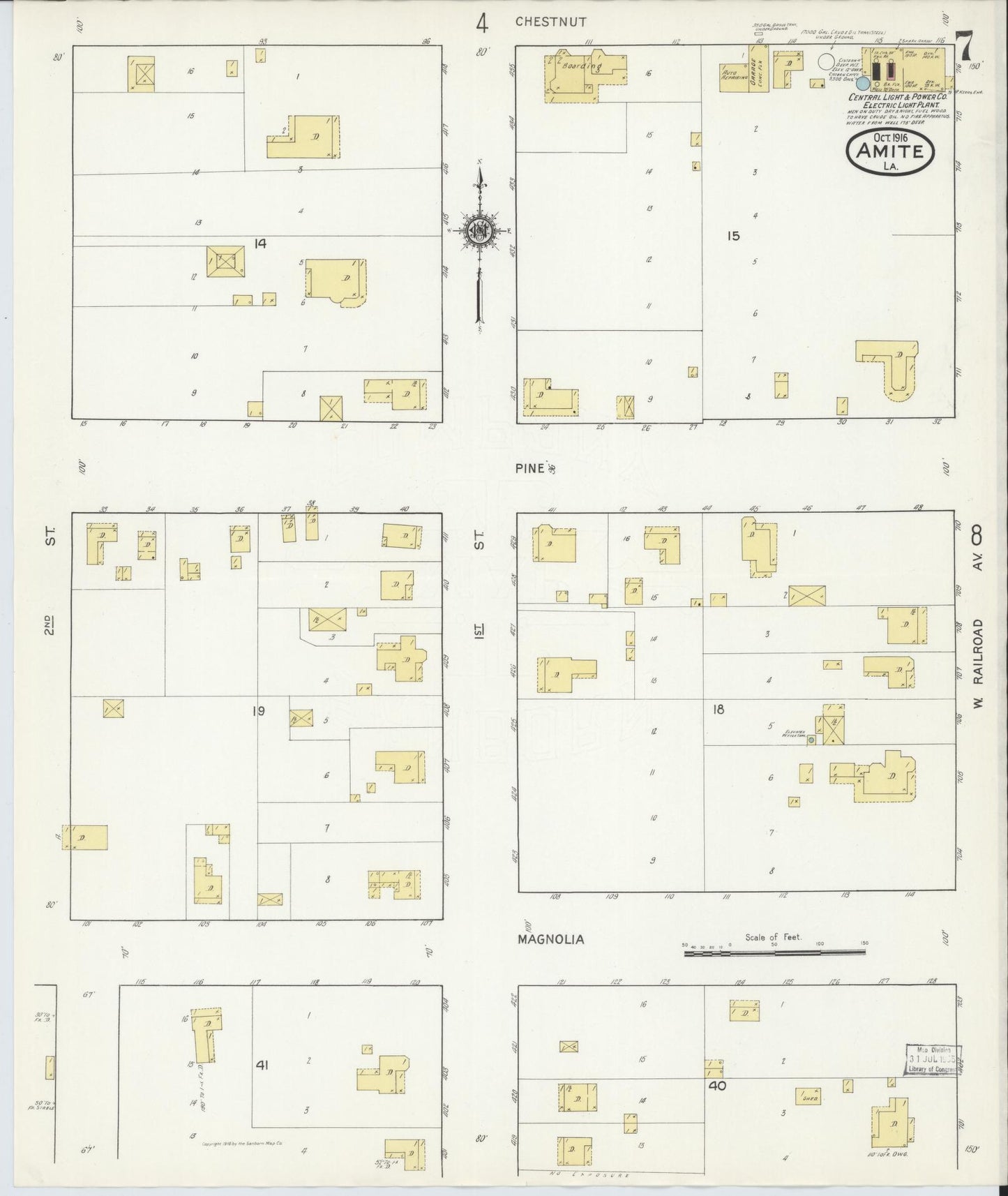 Sanborn Fire Insurance Map from Amite, Tangipahoa Parish, Louisiana (1916), Sheet #0007 - Historic Sanborn Fire Insurance Map Print, vintage old map wall art, antique decor, genealogy gift, Louisiana Louisiana map