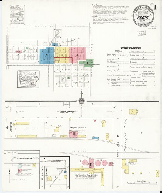Sanborn Fire Insurance Map from Keota, Keokuk County, Iowa (1916), Sheet #0001 - Historic Sanborn Fire Insurance Map Print, vintage old map wall art