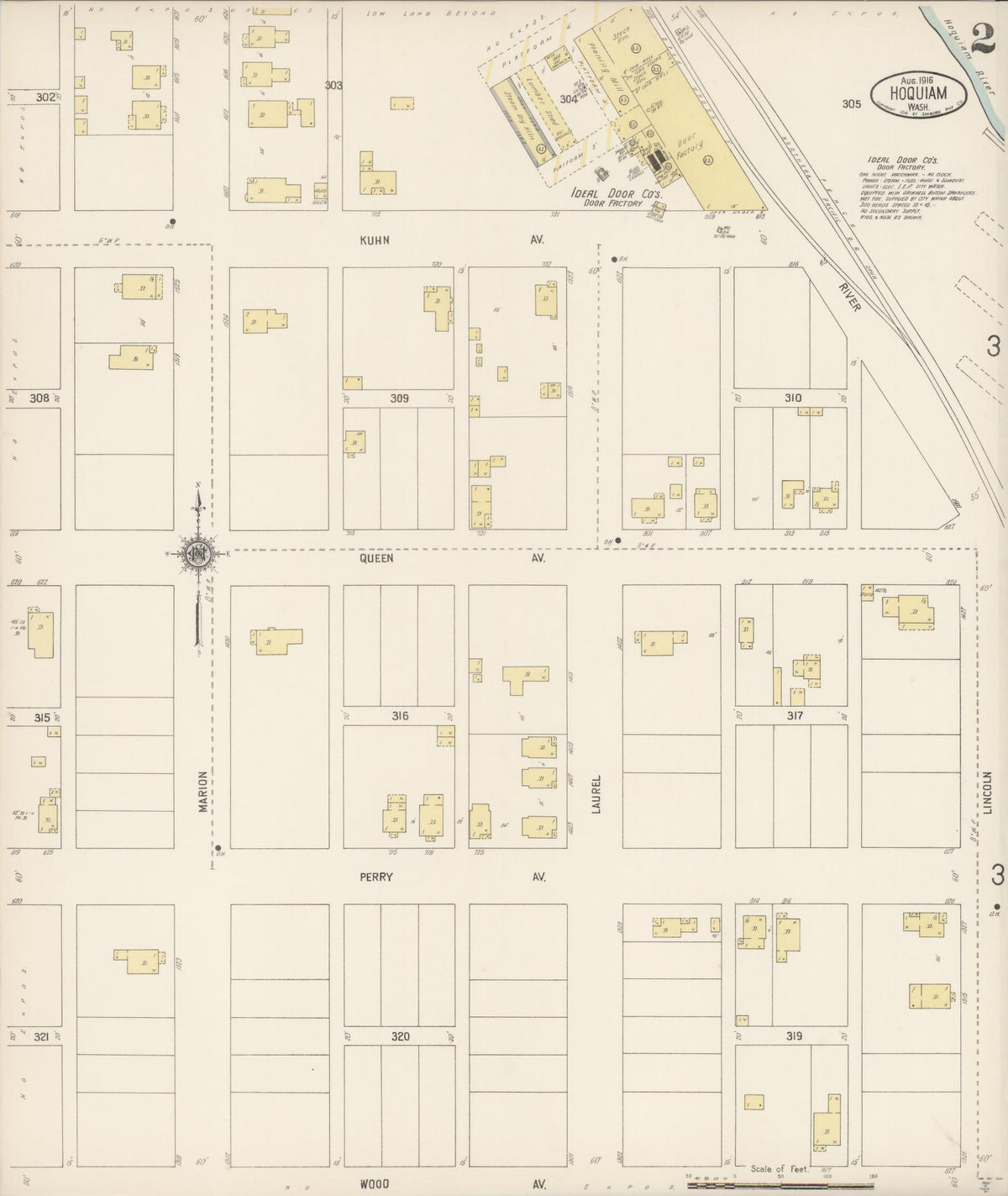 Sanborn Fire Insurance Map from Hoquiam, Grays Harbor County, Washington (1916), Sheet #0002 - Historic Sanborn Fire Insurance Map Print, vintage old map wall art, antique decor, genealogy gift, Washington Washington map