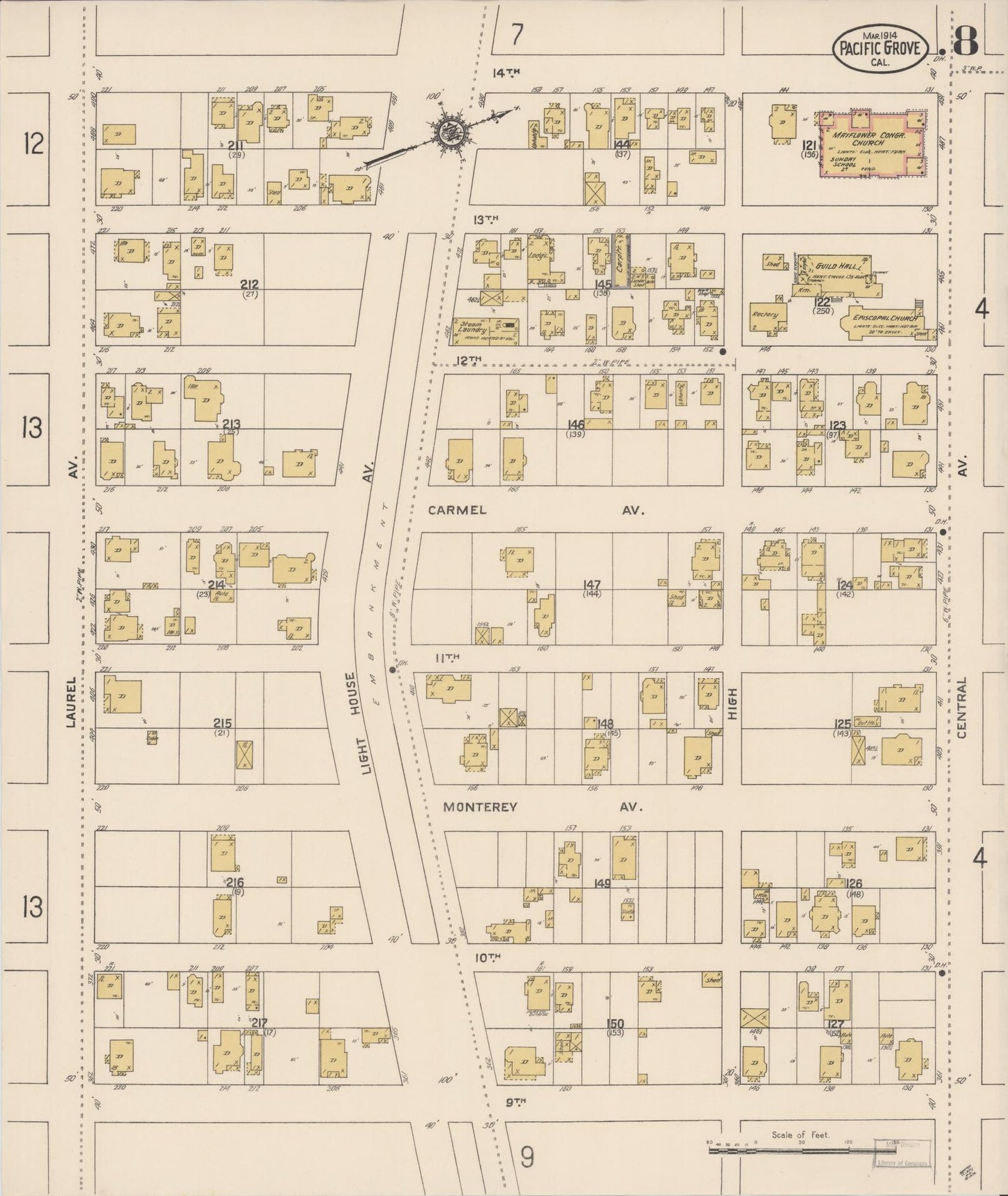 Sanborn Fire Insurance Map from Pacific Grove, Monterey County, California (1914), Sheet #0008 - Complete Map Set gallery image, historic Sanborn map, vintage wall art, California California