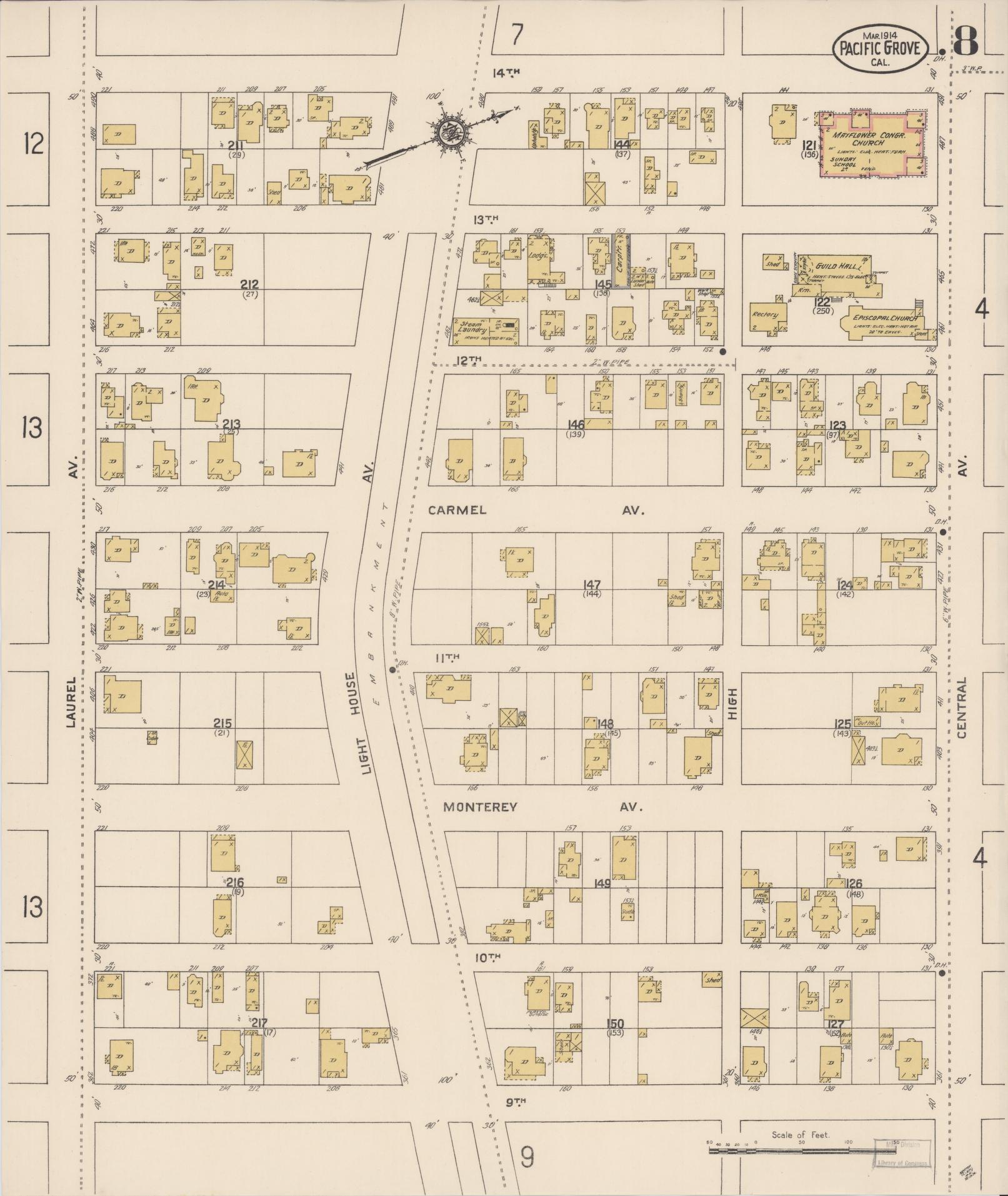 Sanborn Fire Insurance Map from Pacific Grove, Monterey County, California (1914), Sheet #0008 - Complete Map Set gallery image, historic Sanborn map, vintage wall art, California California