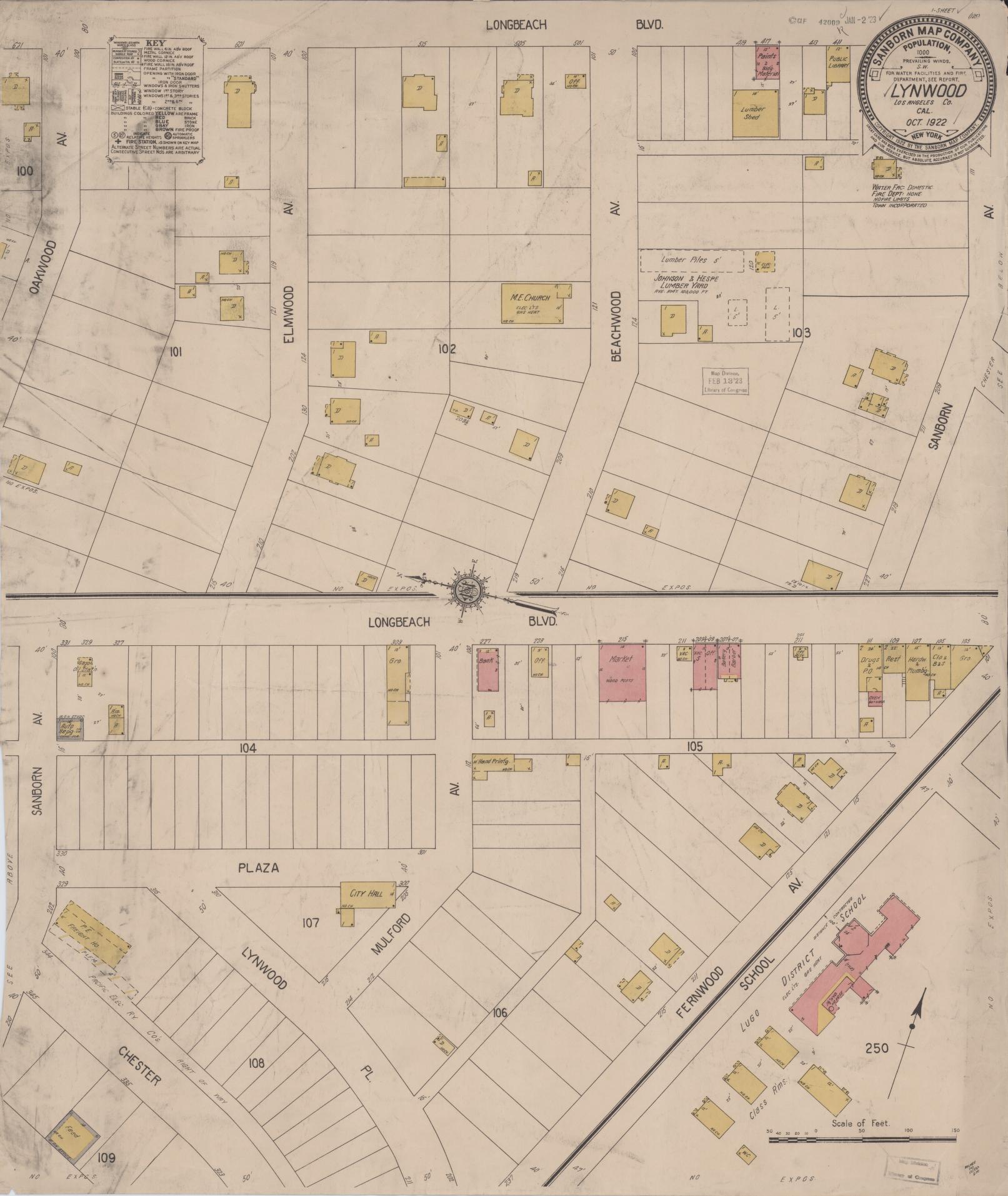 Sanborn Fire Insurance Map from Lynwood, Los Angeles County, California (1922), Sheet #0001 - Historic Sanborn Fire Insurance Map Print, vintage old map wall art, antique decor, genealogy gift, California California map
