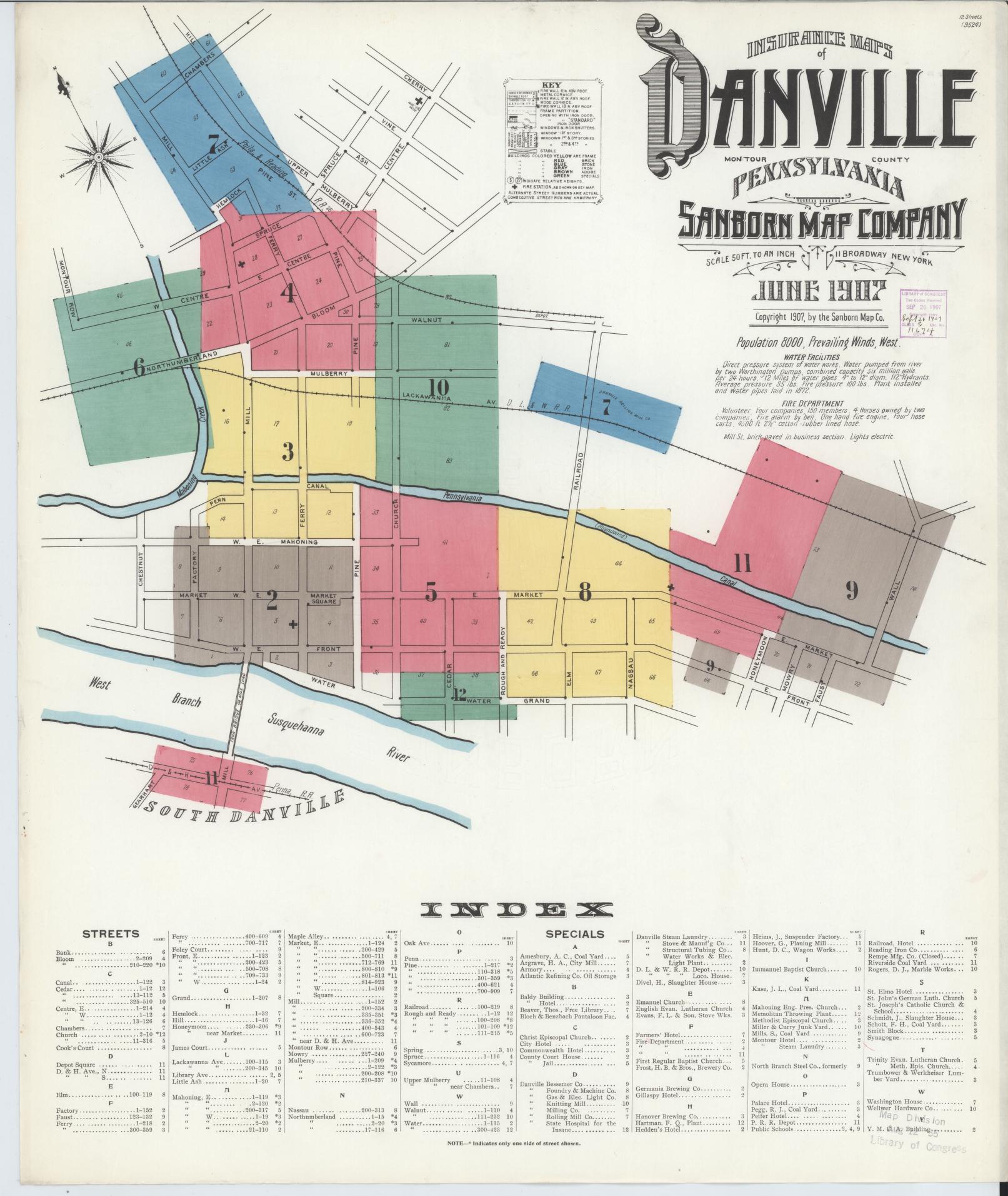 Sanborn Fire Insurance Map from Danville, Montour County, Pennsylvania (1907), Sheet #0001 - Complete Map Set gallery image, historic Sanborn map, vintage wall art, Pennsylvania Pennsylvania