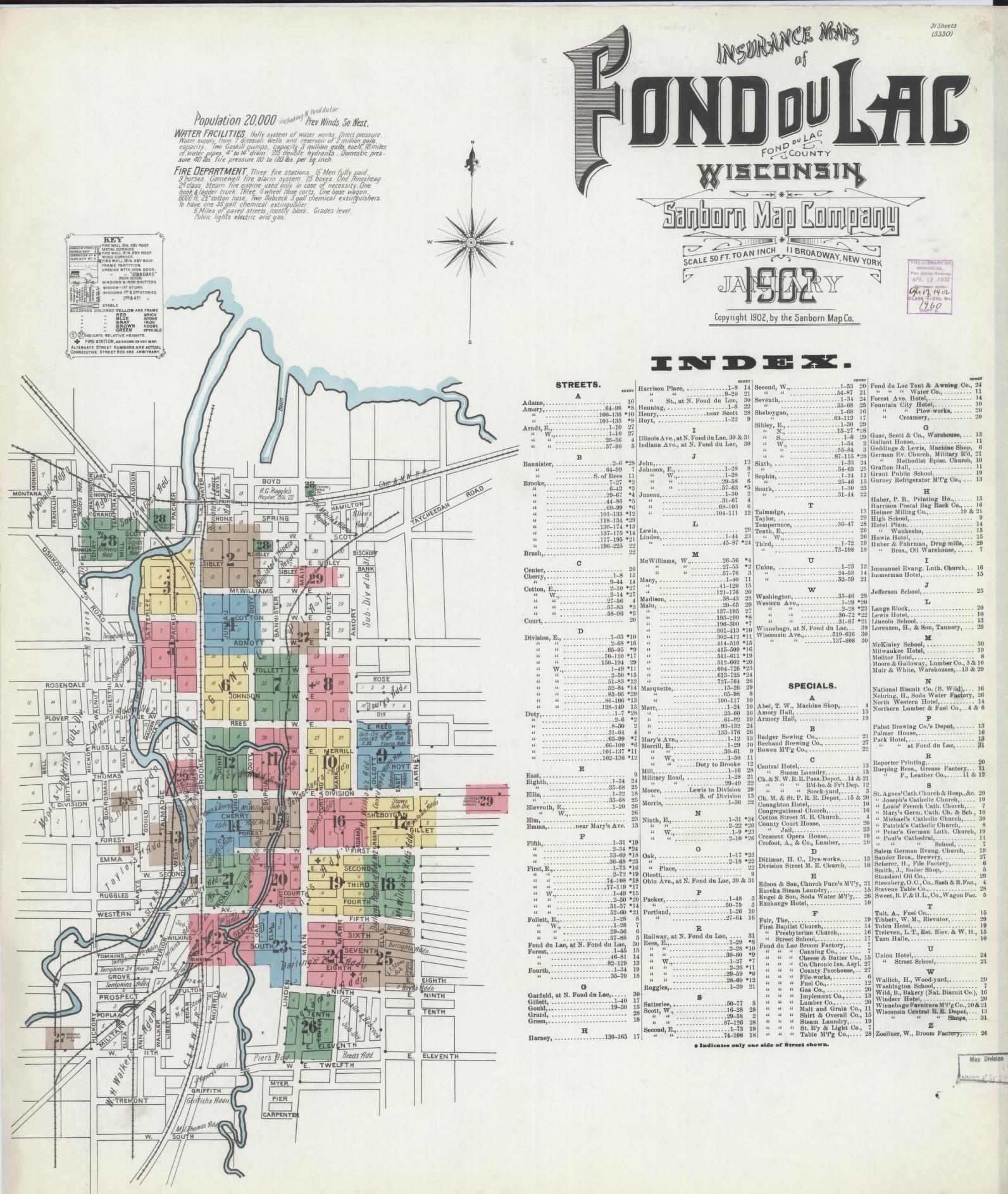 Sanborn Fire Insurance Map from Fond du Lac, Fond du Lac County, Wisconsin (1902), Sheet #0001 - Historic Sanborn Fire Insurance Map Print, vintage old map wall art, antique decor, genealogy gift, Wisconsin Wisconsin map