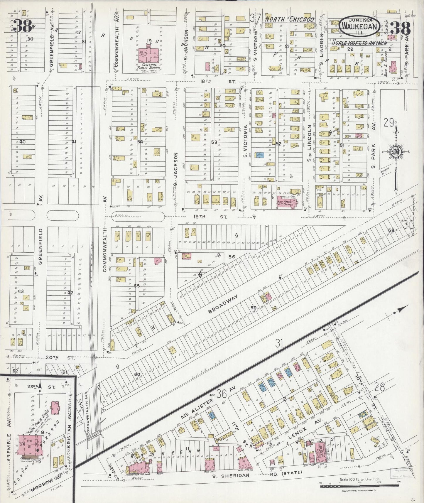 Sanborn Fire Insurance Map from Waukegan, Lake County, Illinois (1924), Sheet #0038 - Complete Map Set gallery image, historic Sanborn map, vintage wall art, Illinois Illinois