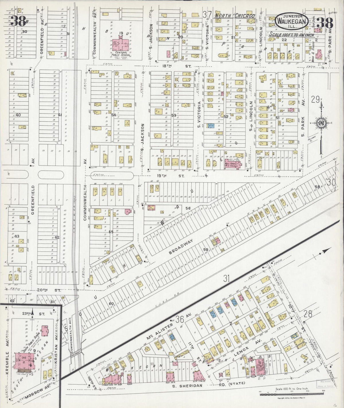 Sanborn Fire Insurance Map from Waukegan, Lake County, Illinois (1924), Sheet #0038 - Complete Map Set gallery image, historic Sanborn map, vintage wall art, Illinois Illinois