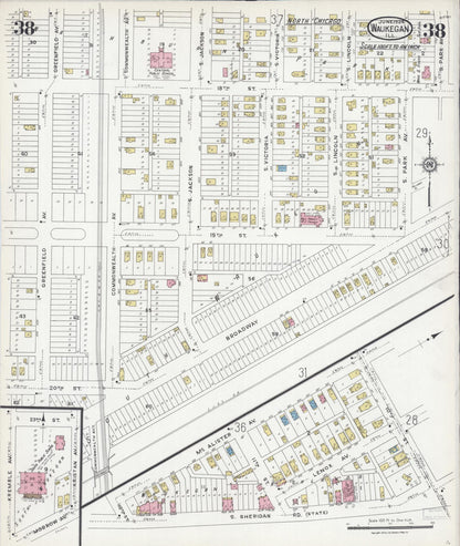 Sanborn Fire Insurance Map from Waukegan, Lake County, Illinois (1924), Sheet #0038 - Complete Map Set gallery image, historic Sanborn map, vintage wall art, Illinois Illinois