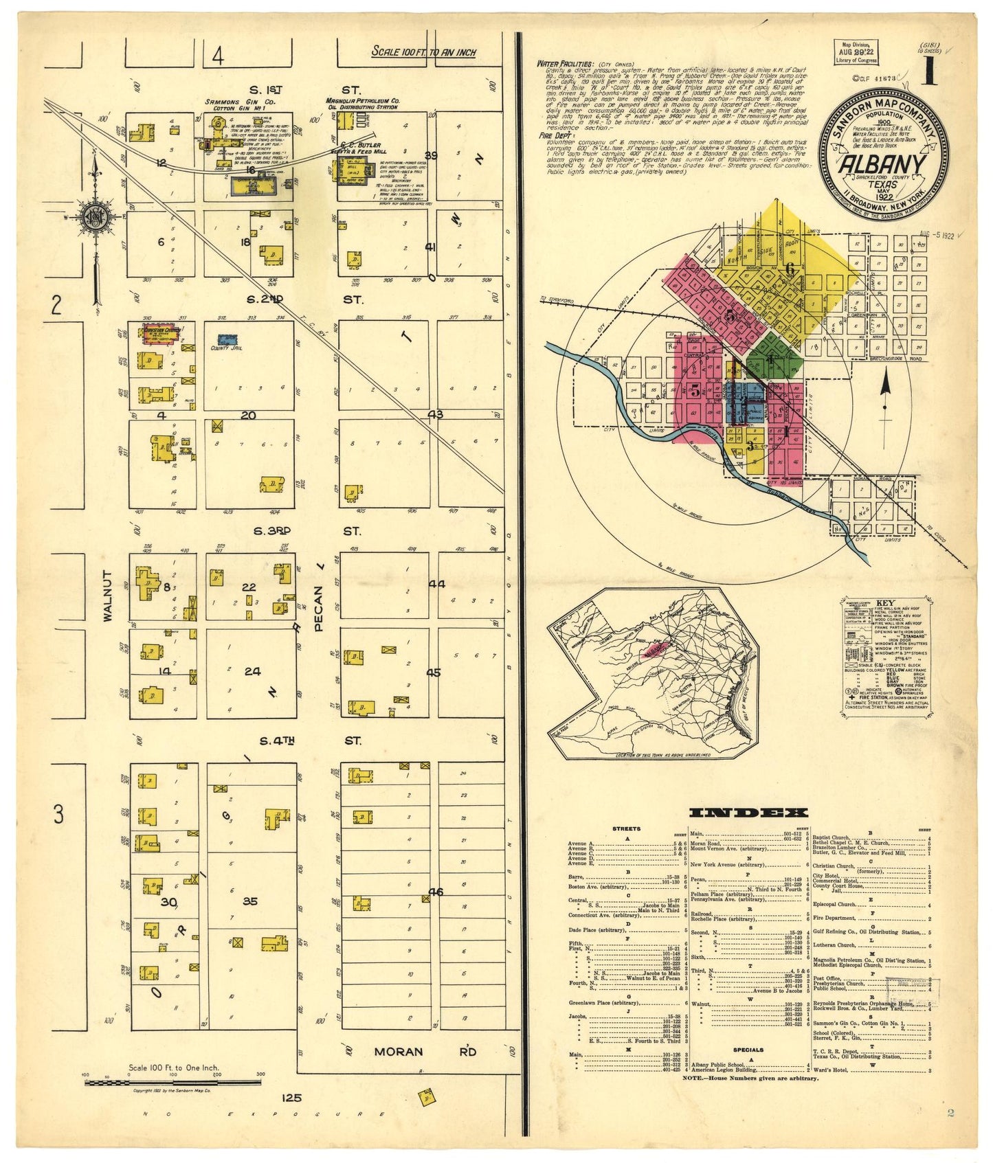 Sanborn Fire Insurance Map from Albany, Shackelford County, Texas (1922), Sheet #0001 - Historic Sanborn Fire Insurance Map Print, vintage old map wall art, antique decor, genealogy gift, Texas Texas map