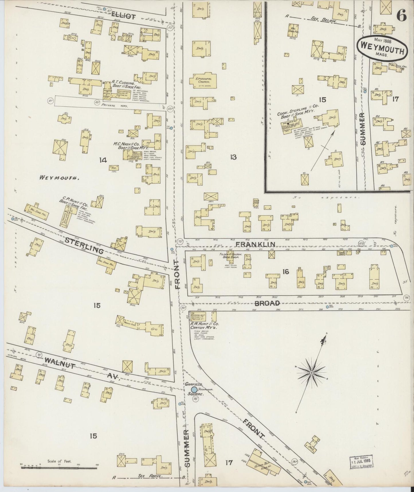 Sanborn Fire Insurance Map from Weymouth, Norfolk County, Massachusetts (1888), Sheet #0006 - Historic Sanborn Fire Insurance Map Print, vintage old map wall art, antique decor, genealogy gift, Massachusetts Massachusetts map