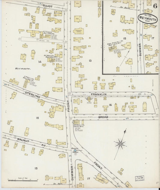 Sanborn Fire Insurance Map from Weymouth, Norfolk County, Massachusetts (1888), Sheet #0006 - Historic Sanborn Fire Insurance Map Print, vintage old map wall art, antique decor, genealogy gift, Massachusetts Massachusetts map