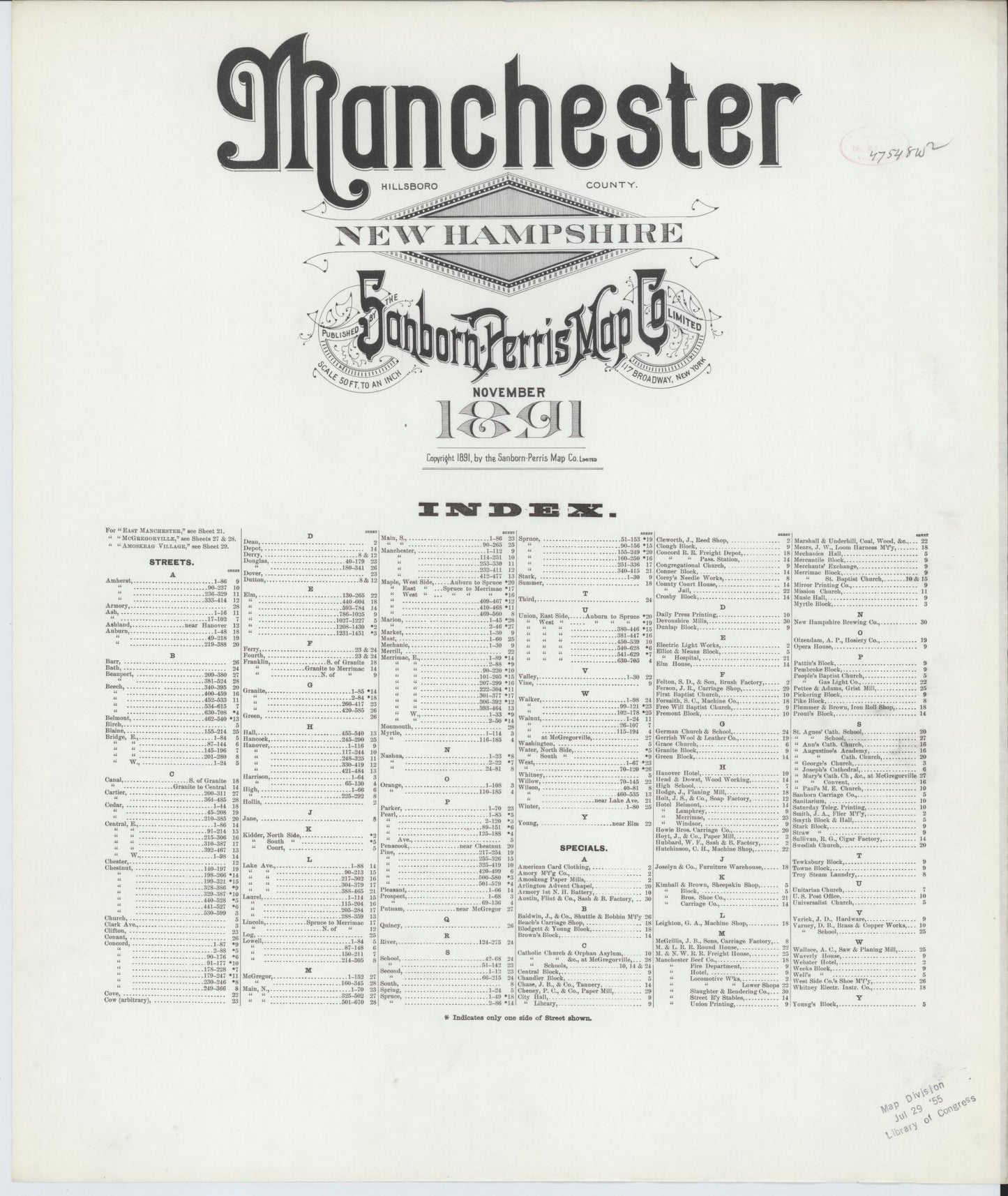Sanborn Fire Insurance Map from Manchester, Hillsborough County, New Hampshire. (1891), Sheet 1 – Historic Sanborn Fire Insurance Map Print