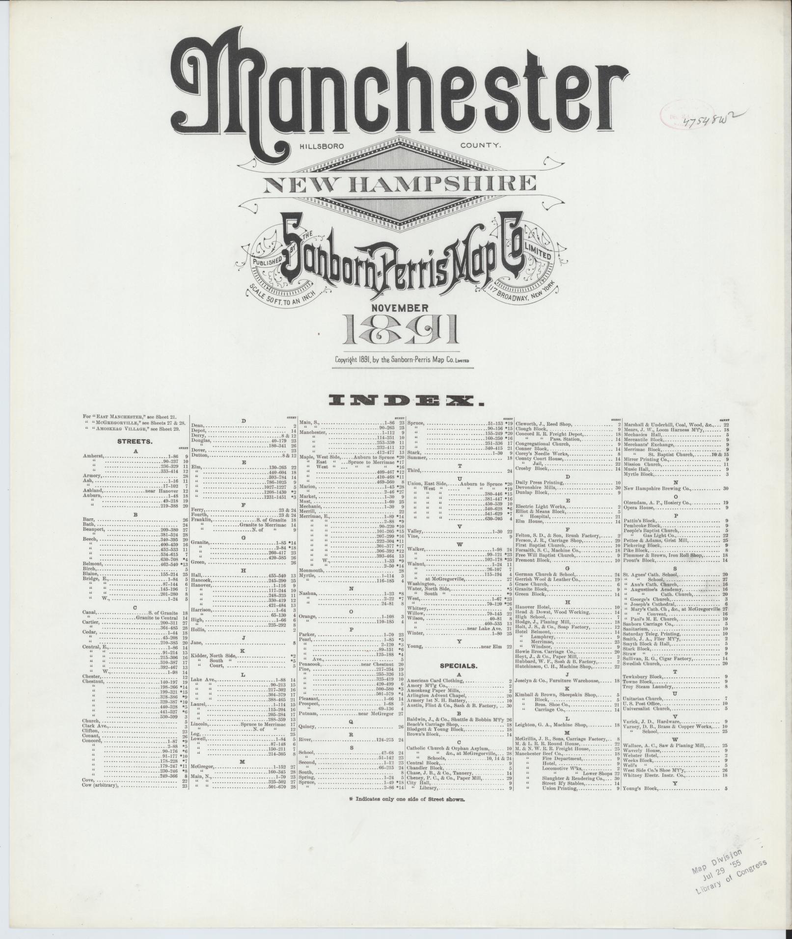 Sanborn Fire Insurance Map from Manchester, Hillsborough County, New Hampshire. (1891), Sheet 1 – Historic Sanborn Fire Insurance Map Print