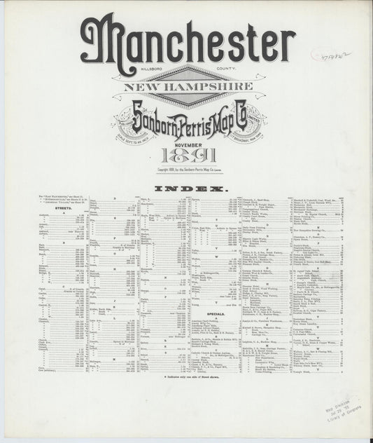 Sanborn Fire Insurance Map from Manchester, Hillsborough County, New Hampshire. (1891), Sheet 1 – Historic Sanborn Fire Insurance Map Print