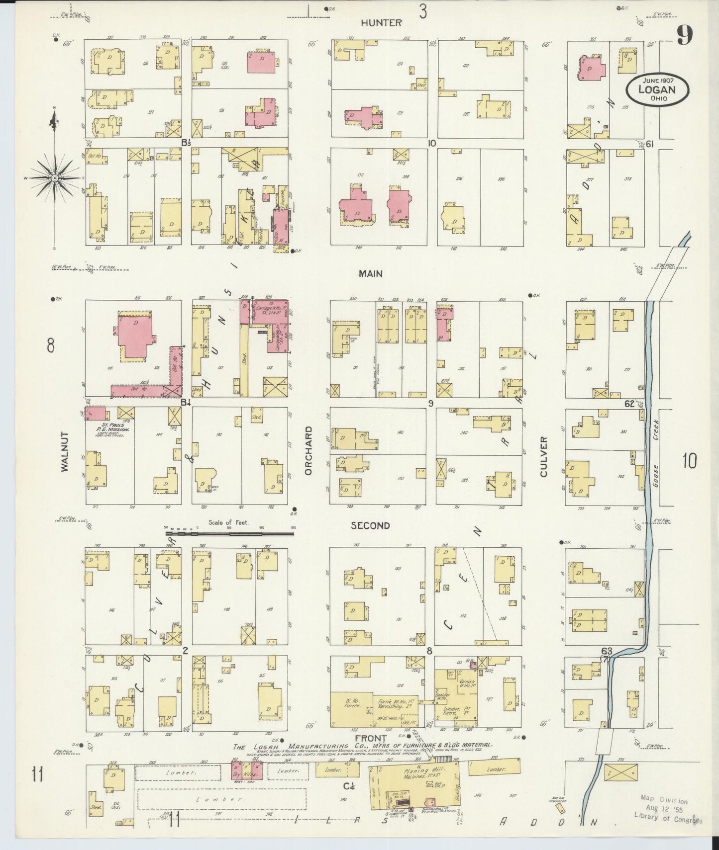 Sanborn Fire Insurance Map from Logan, Hocking County, Ohio (1907), Sheet #0009 - Historic Sanborn Fire Insurance Map Print, vintage old map wall art, antique decor, genealogy gift, Ohio Ohio map