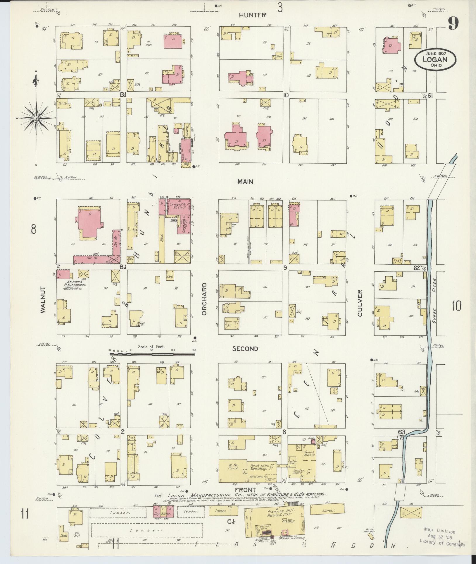 Sanborn Fire Insurance Map from Logan, Hocking County, Ohio (1907), Sheet #0009 - Historic Sanborn Fire Insurance Map Print, vintage old map wall art, antique decor, genealogy gift, Ohio Ohio map