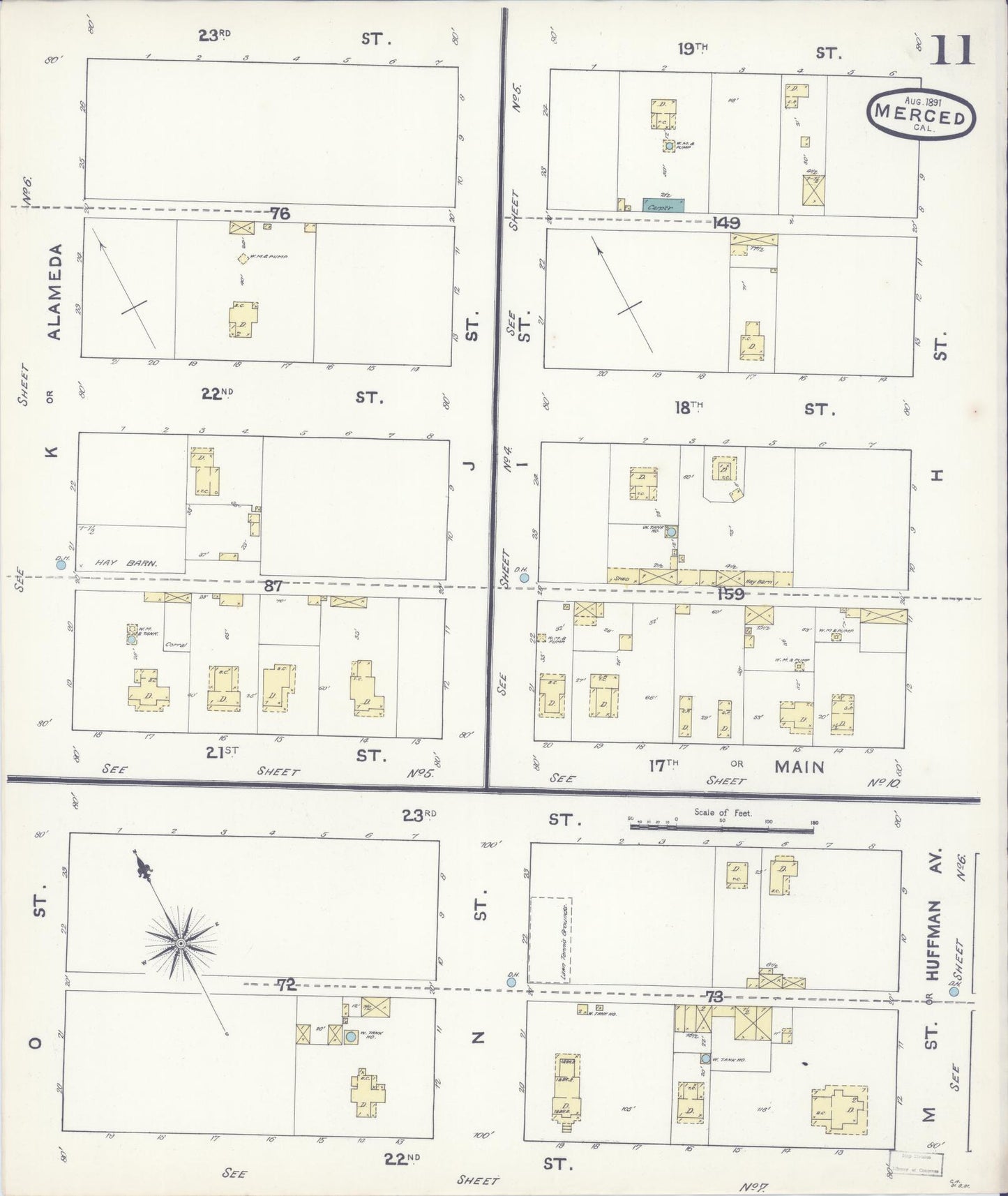 Sanborn Fire Insurance Map from Merced, Merced County, California (1891), Sheet #0011 - Historic Sanborn Fire Insurance Map Print, vintage old map wall art, antique decor, genealogy gift, California California map