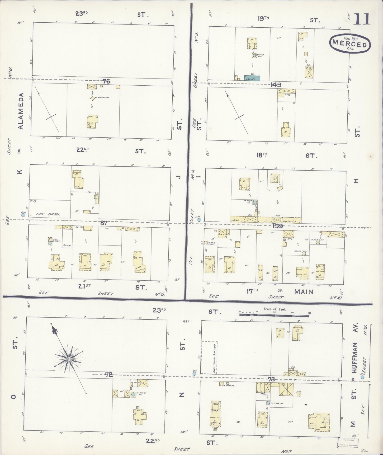 Sanborn Fire Insurance Map from Merced, Merced County, California (1891), Sheet #0011 - Historic Sanborn Fire Insurance Map Print, vintage old map wall art, antique decor, genealogy gift, California California map