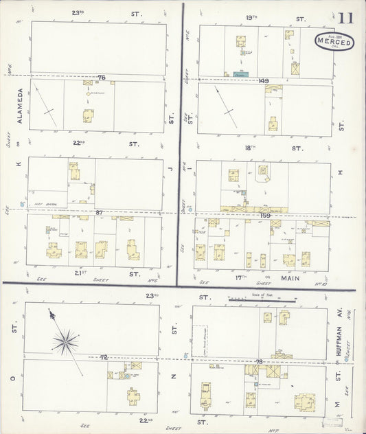 Sanborn Fire Insurance Map from Merced, Merced County, California (1891), Sheet #0011 - Historic Sanborn Fire Insurance Map Print, vintage old map wall art, antique decor, genealogy gift, California California map