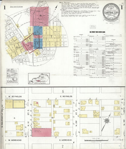 Sanborn Fire Insurance Map from Central City, Mublenberg County, Kentucky (1923), Sheet #0001 - Complete Map Set gallery image, historic Sanborn map, vintage wall art, Kentucky Kentucky
