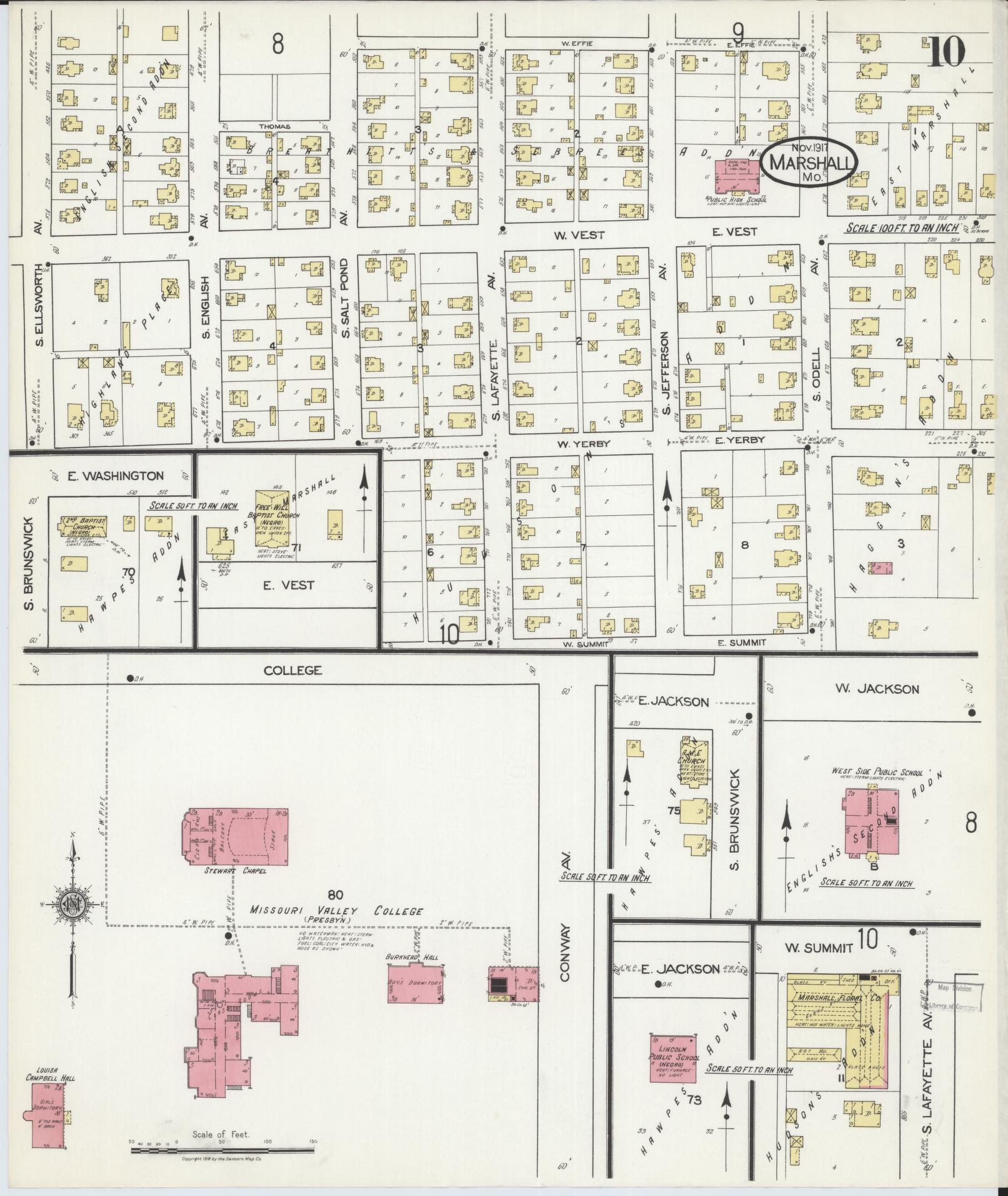 Sanborn Fire Insurance Map from Marshall, Saline County, Missouri (1917), Sheet #0010 - Historic Sanborn Fire Insurance Map Print, vintage old map wall art, antique decor, genealogy gift, Missouri Missouri map