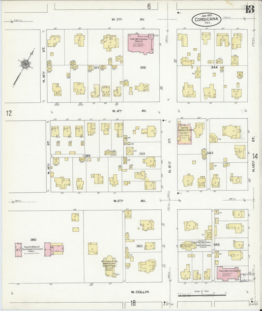 Sanborn Fire Insurance Map from Corsicana, Navarro County, Texas (1910), Sheet #0013 - Historic Sanborn Fire Insurance Map Print, vintage old map wall art, antique decor, genealogy gift, Texas Texas map