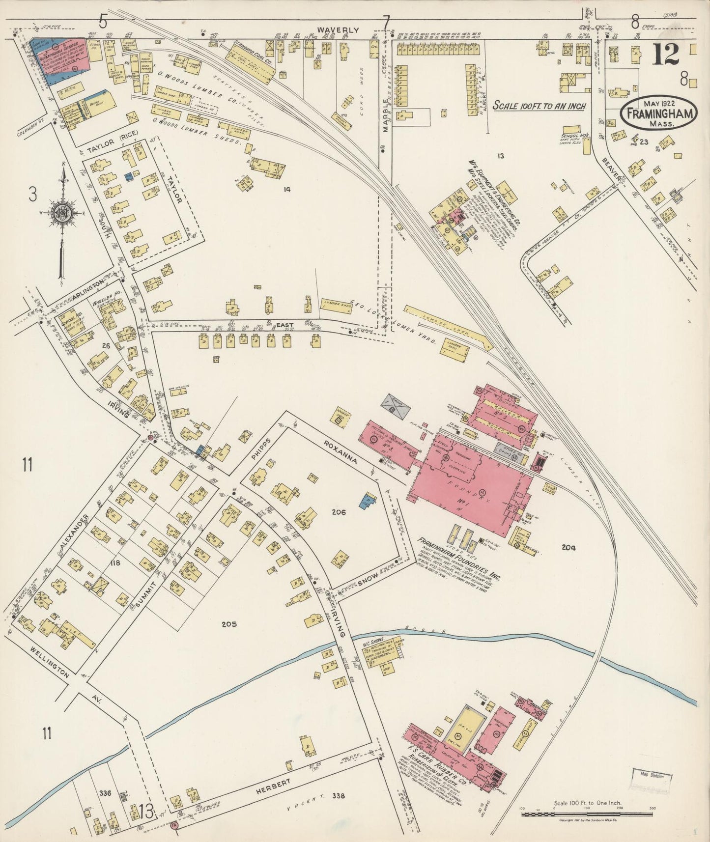 Sanborn Fire Insurance Map from Framingham, Middlesex County, Massachusetts (1922), Sheet #0012 - Complete Map Set gallery image, historic Sanborn map, vintage wall art, Massachusetts Massachusetts