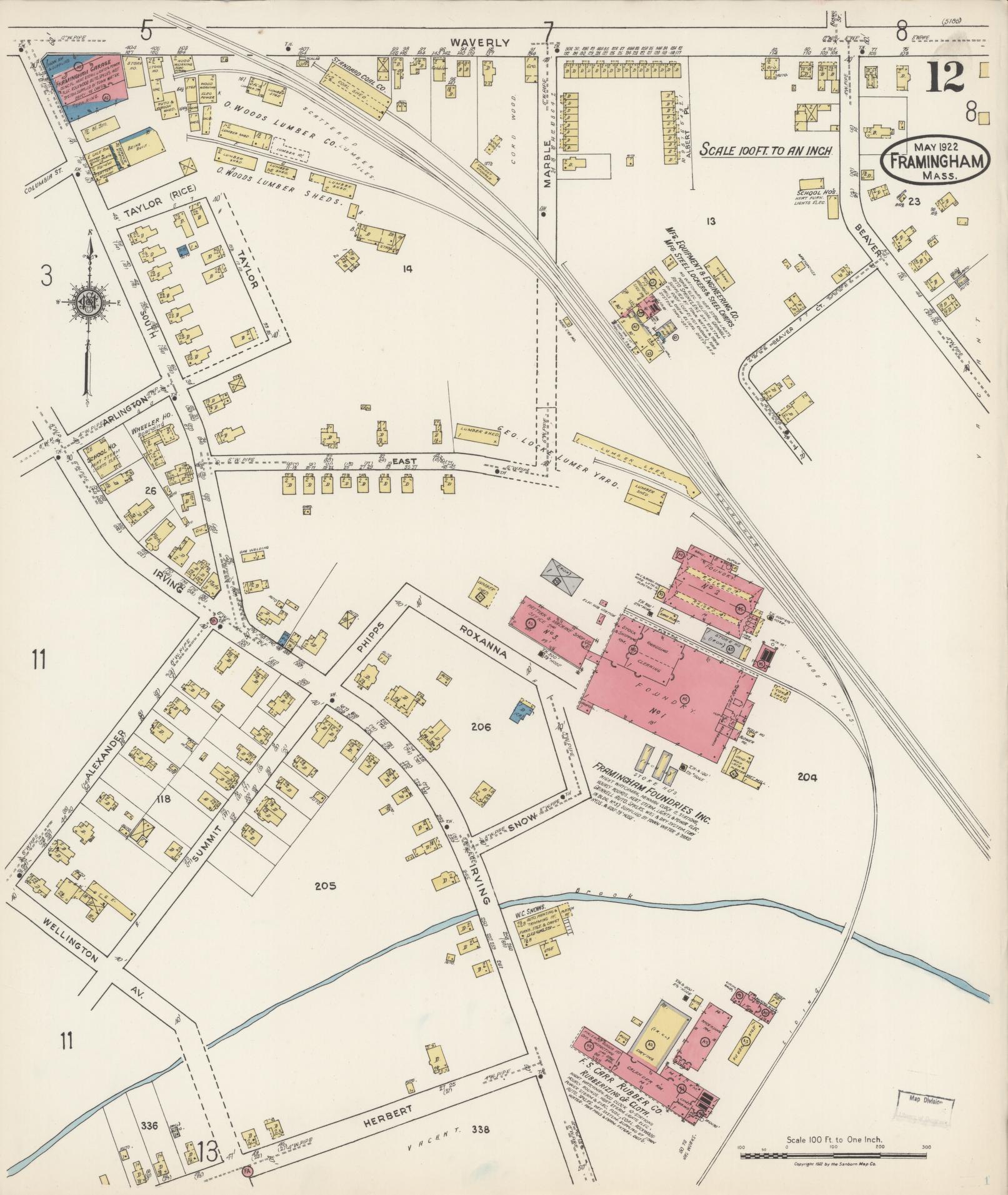 Sanborn Fire Insurance Map from Framingham, Middlesex County, Massachusetts (1922), Sheet #0012 - Complete Map Set gallery image, historic Sanborn map, vintage wall art, Massachusetts Massachusetts