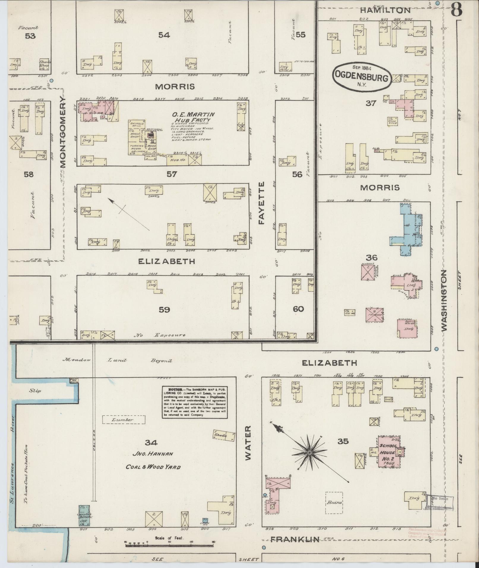 Sanborn Fire Insurance Map from Ogdensburg, St. Lawrence County, New York (1884), Sheet #0008 - Complete Map Set gallery image, historic Sanborn map, vintage wall art, New York New York