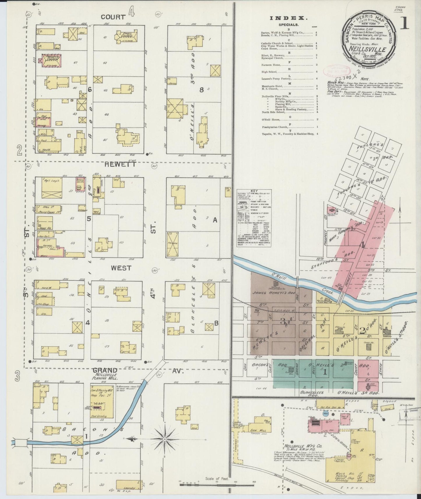 Sanborn Fire Insurance Map from Neillsville, Clark County, Wisconsin (1892), Sheet #0001 - Historic Sanborn Fire Insurance Map Print, vintage old map wall art, antique decor, genealogy gift, Wisconsin Wisconsin map