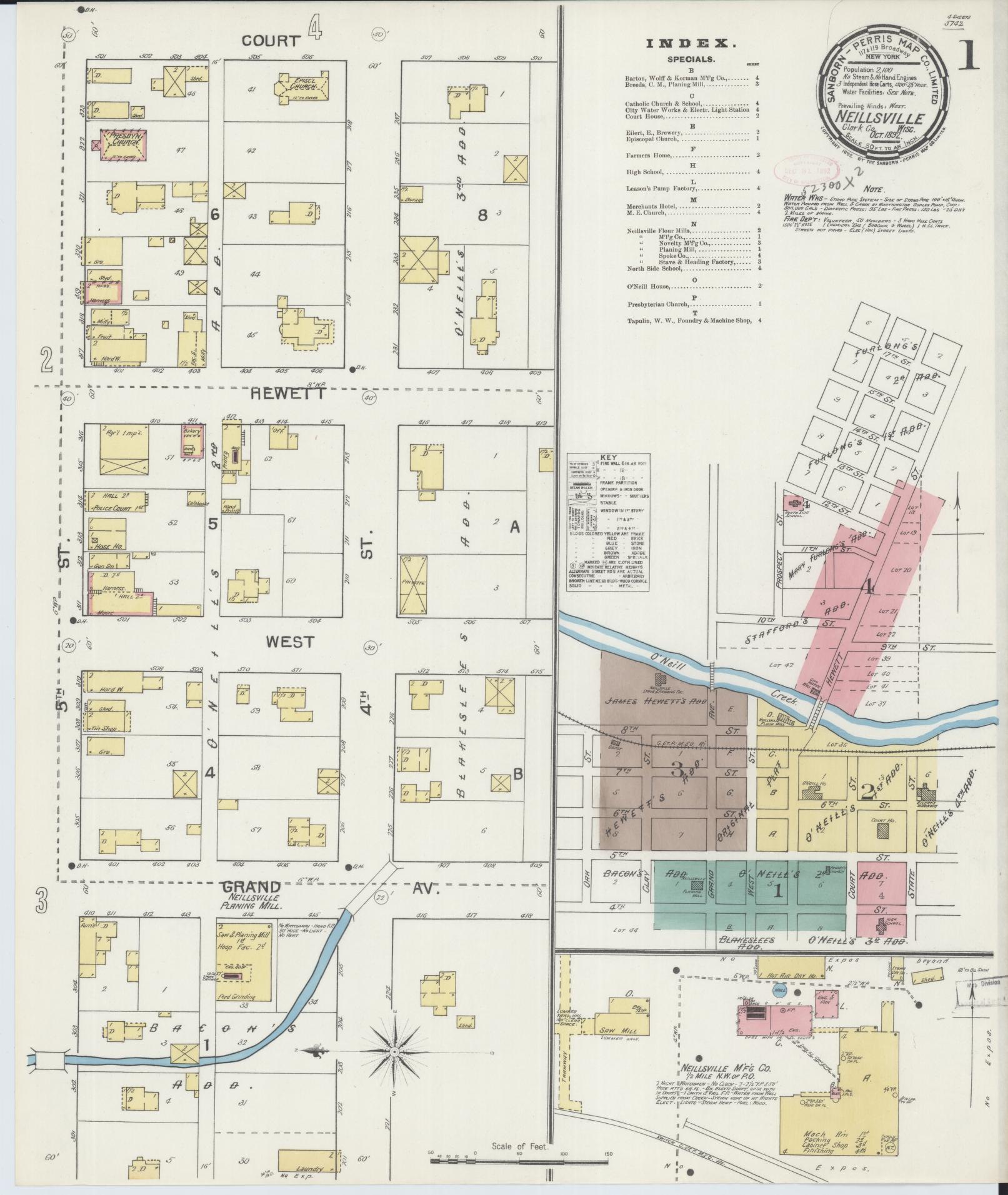 Sanborn Fire Insurance Map from Neillsville, Clark County, Wisconsin (1892), Sheet #0001 - Historic Sanborn Fire Insurance Map Print, vintage old map wall art, antique decor, genealogy gift, Wisconsin Wisconsin map