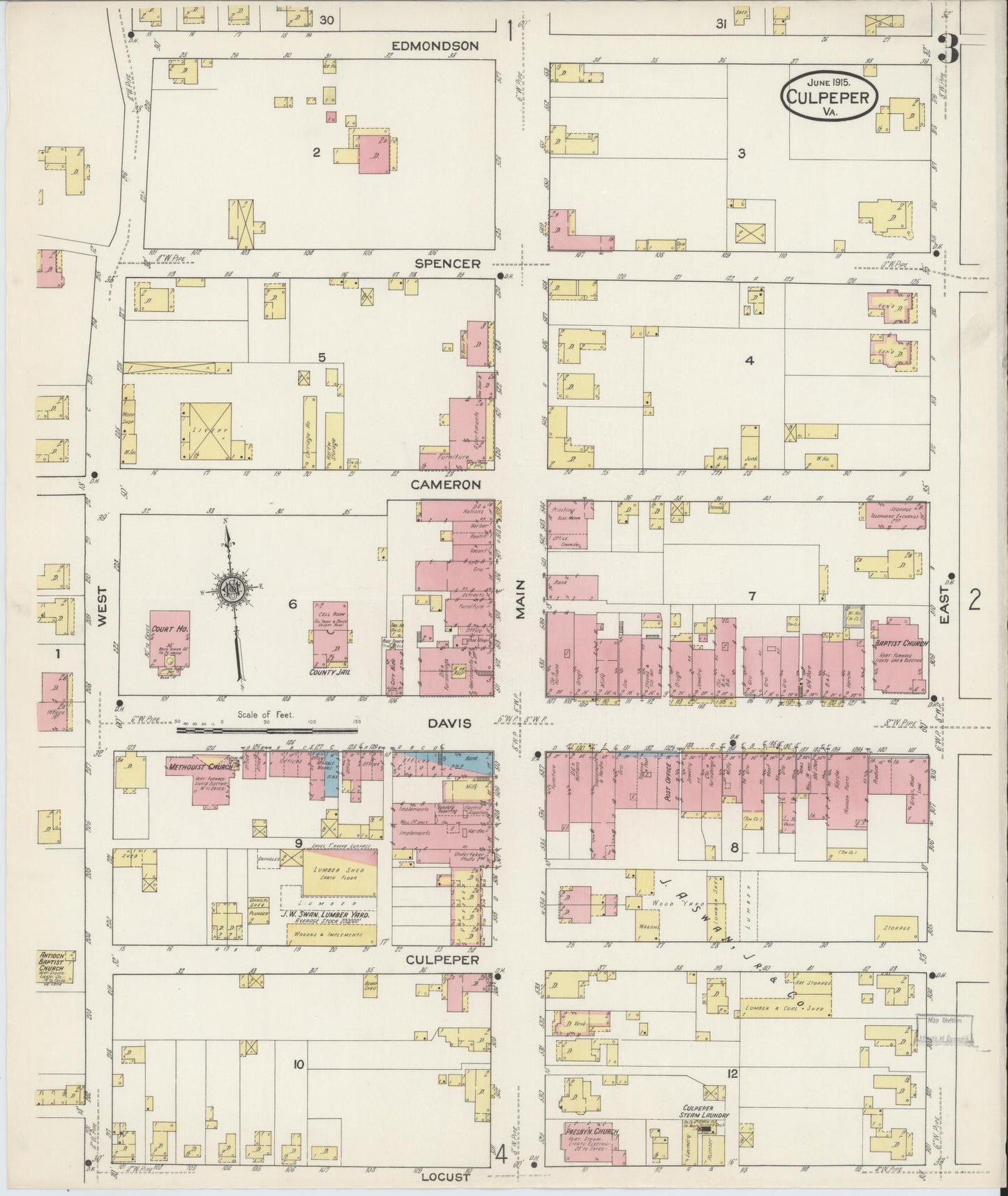 Sanborn Fire Insurance Map from Culpeper, Culpeper County, Virginia (1915), Sheet #0003 - Complete Map Set gallery image, historic Sanborn map, vintage wall art, Virginia Virginia
