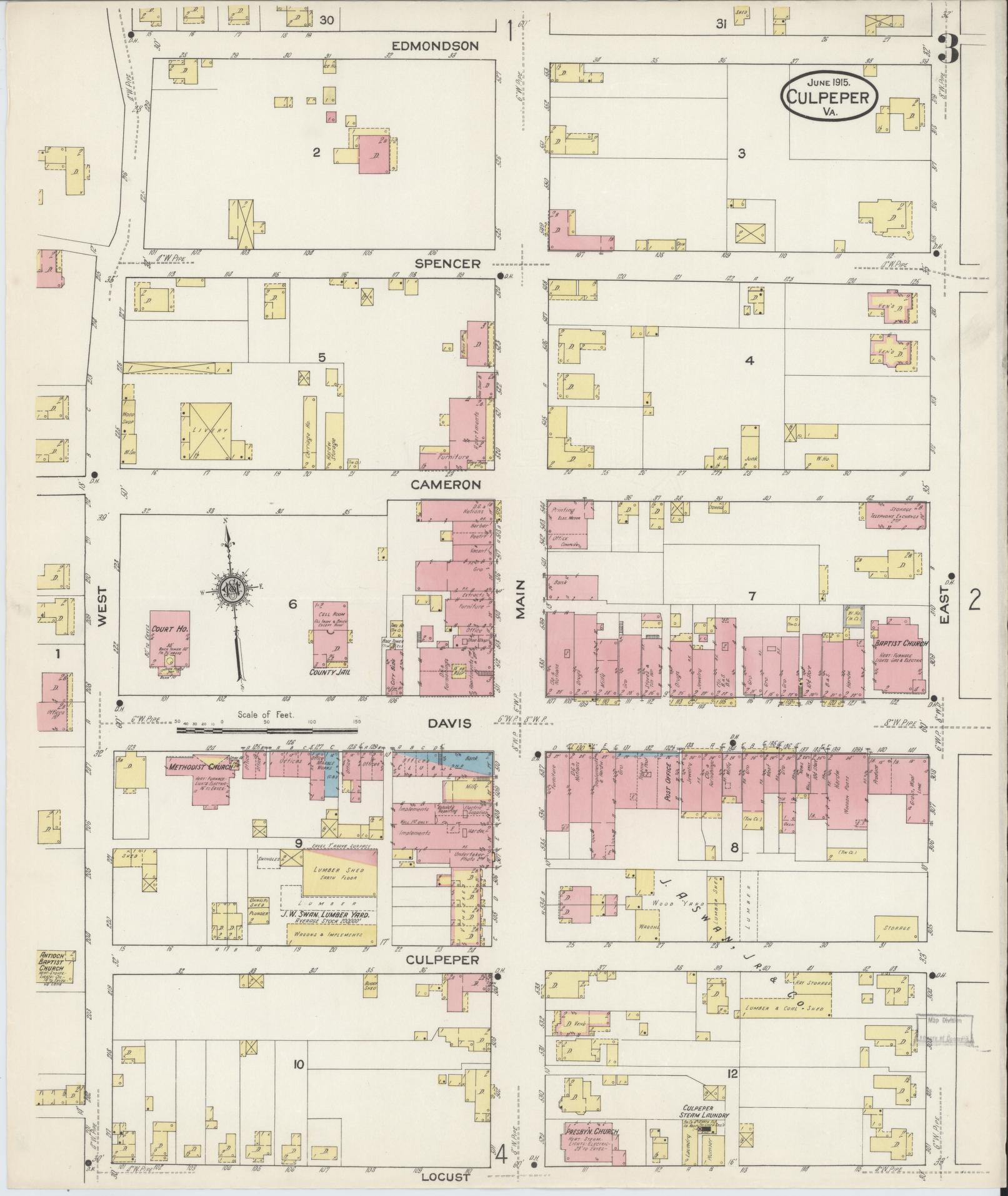 Sanborn Fire Insurance Map from Culpeper, Culpeper County, Virginia (1915), Sheet #0003 - Complete Map Set gallery image, historic Sanborn map, vintage wall art, Virginia Virginia