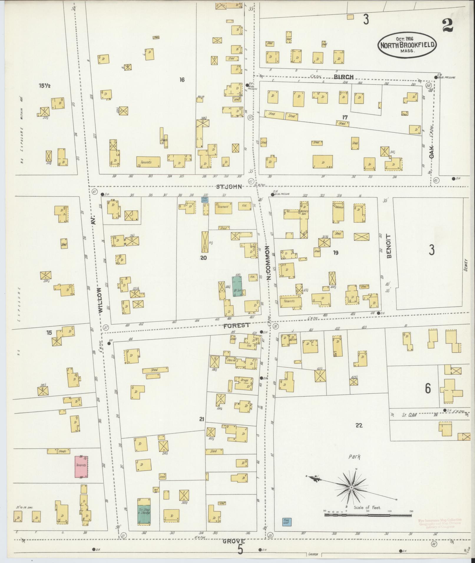 Sanborn Fire Insurance Map from North Brookfield, Worcester County, Massachusetts (1906), Sheet #0002 - Complete Map Set gallery image, historic Sanborn map, vintage wall art, Massachusetts Massachusetts