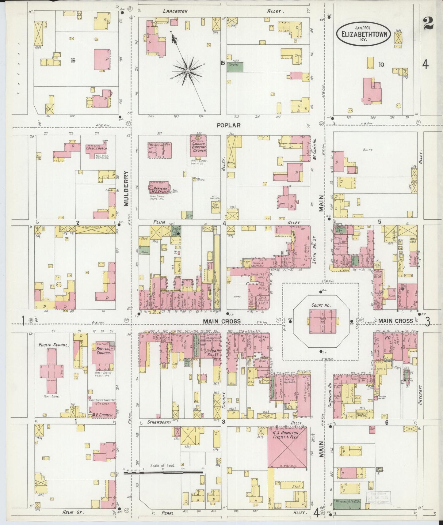 Sanborn Fire Insurance Map from Elizabethtown, Hardin County, Kentucky (1901), Sheet #0002 - Complete Map Set gallery image, historic Sanborn map, vintage wall art, Kentucky Kentucky