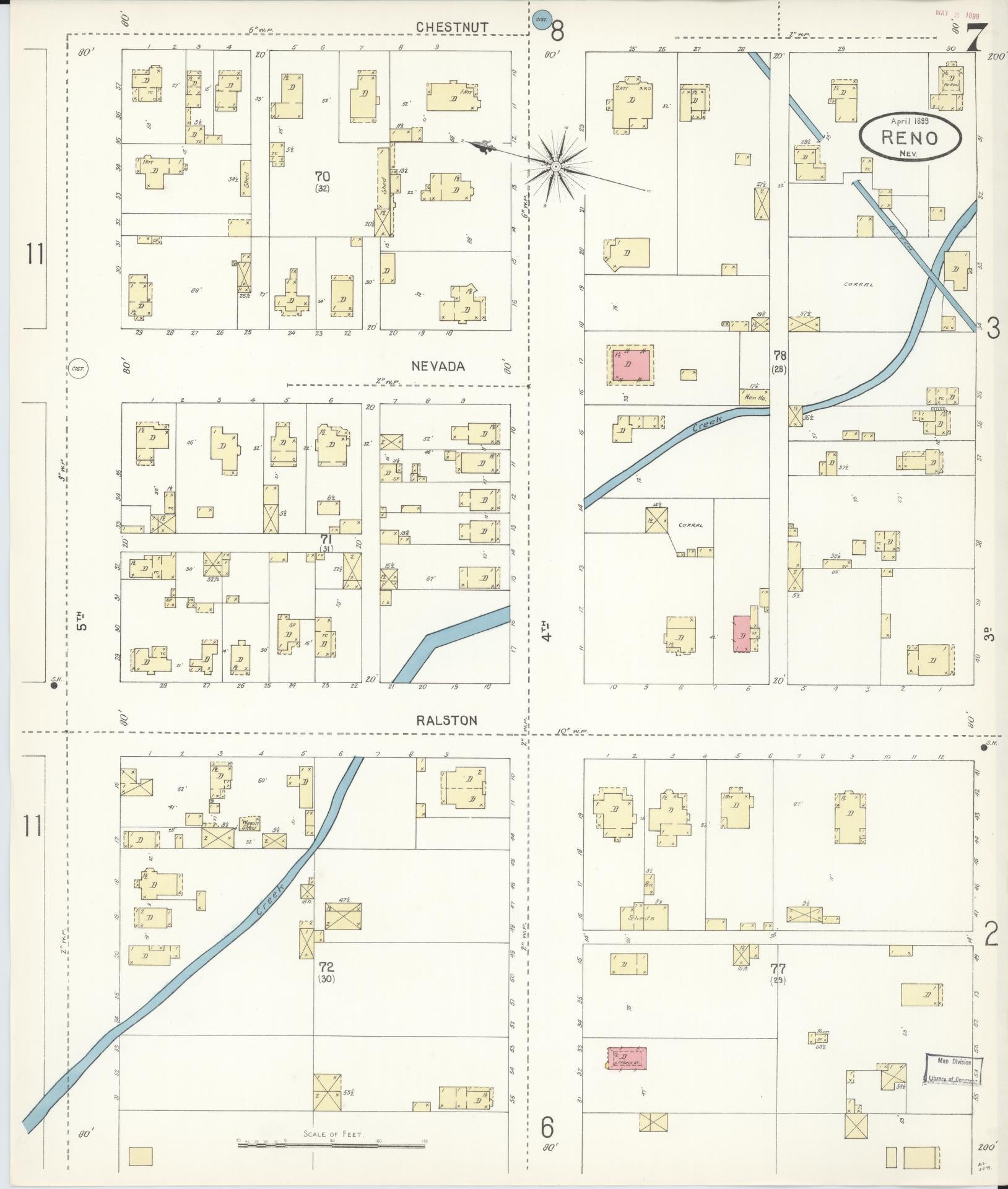 Sanborn Fire Insurance Map from Reno, Washoe County, Nevada (1899), Sheet #0007 - Historic Sanborn Fire Insurance Map Print, vintage old map wall art, antique decor, genealogy gift, Nevada Nevada map