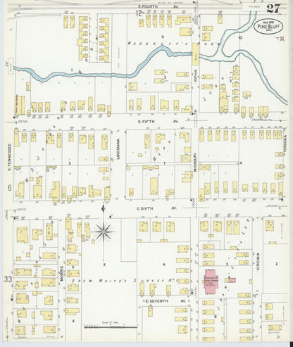 Sanborn Fire Insurance Map from Pine Bluff, Jefferson County, Arkansas (1908), Sheet #0027 - Complete Map Set gallery image, historic Sanborn map, vintage wall art, Arkansas Arkansas