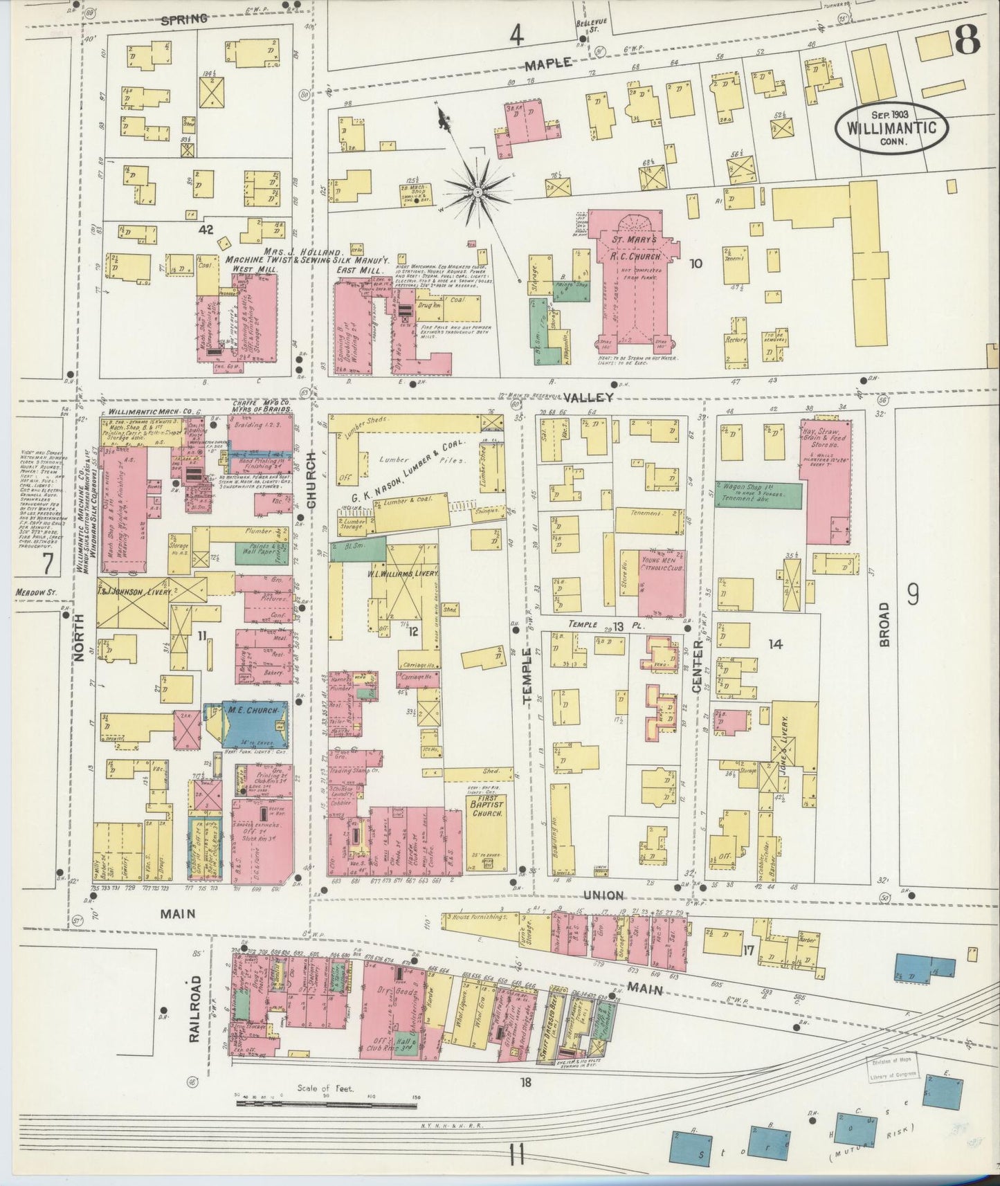 Sanborn Fire Insurance Map from Willimantic, Windham County, Connecticut (1903), Sheet #0008 - Historic Sanborn Fire Insurance Map Print, vintage old map wall art, antique decor, genealogy gift, Connecticut Connecticut map