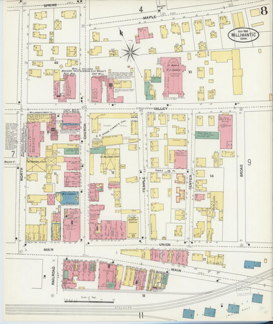 Sanborn Fire Insurance Map from Willimantic, Windham County, Connecticut (1903), Sheet #0008 - Historic Sanborn Fire Insurance Map Print, vintage old map wall art, antique decor, genealogy gift, Connecticut Connecticut map