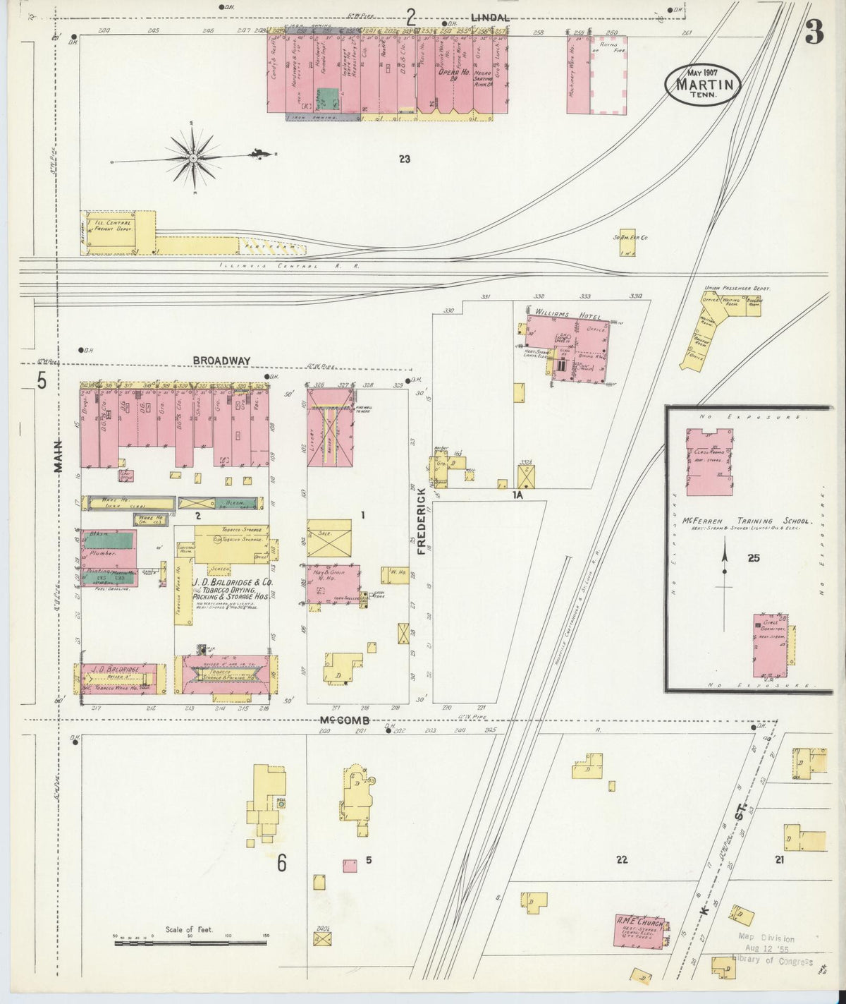 Sanborn Fire Insurance Map from Martin, Weakley County, Tennessee (1907), Sheet #0003 - Historic Sanborn Fire Insurance Map Print, vintage old map wall art, antique decor, genealogy gift, Tennessee Tennessee map