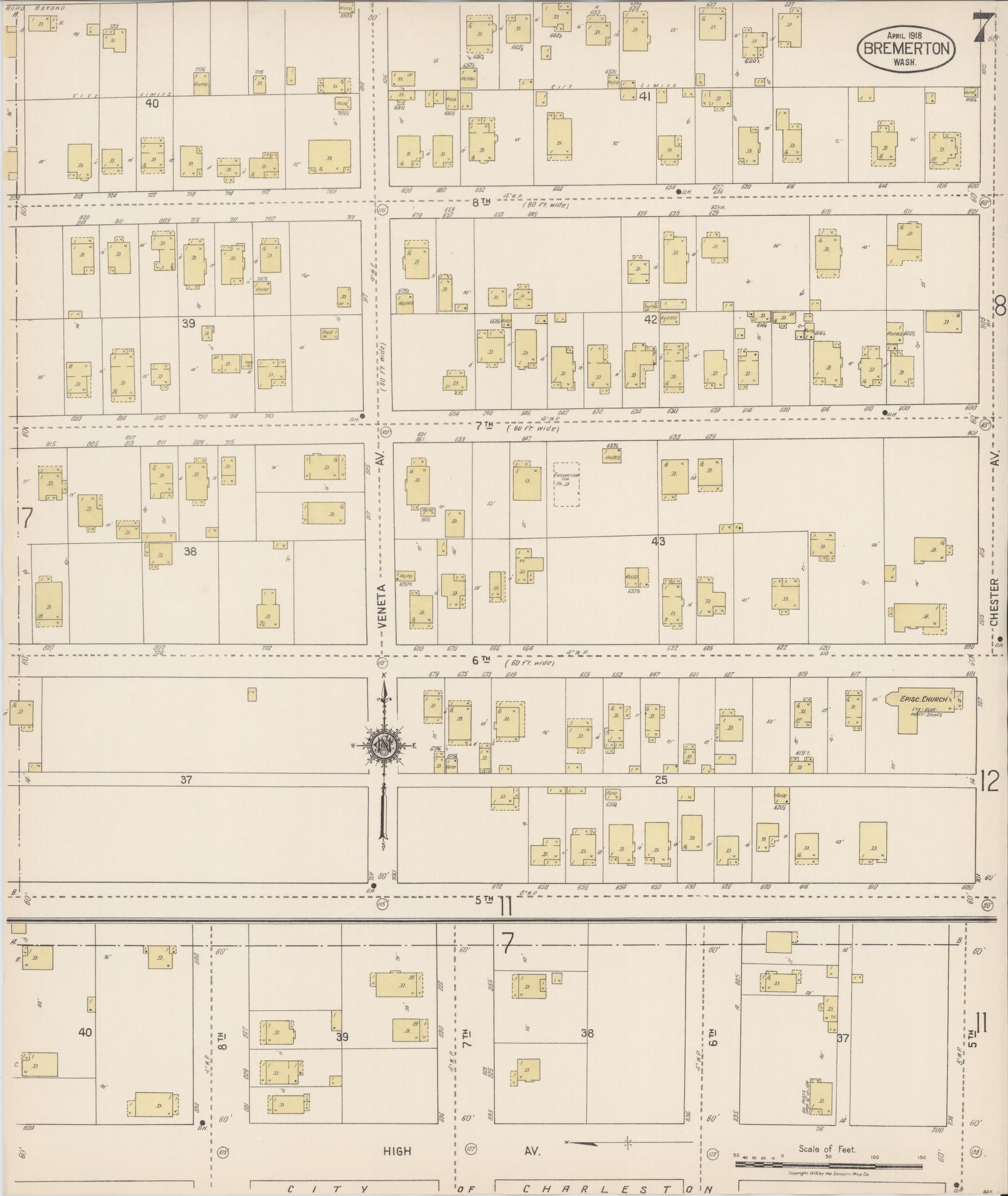 Sanborn Fire Insurance Map from Bremerton, Kitsap County, Washington (1918), Sheet #0007 - Complete Map Set gallery image, historic Sanborn map, vintage wall art, Washington Washington