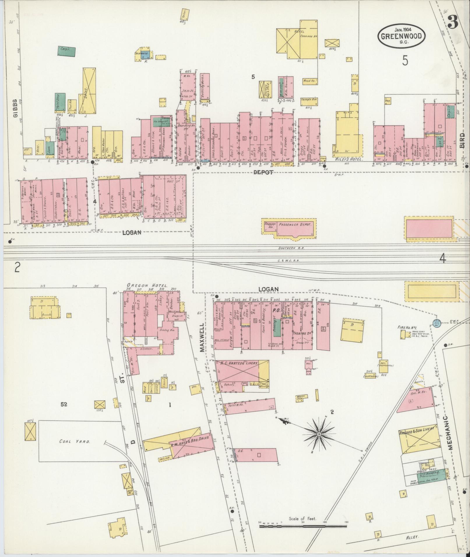Sanborn Fire Insurance Map from Greenwood, Greenwood County, South Carolina (1904), Sheet #0003 - Complete Map Set gallery image, historic Sanborn map, vintage wall art, South Carolina South Carolina