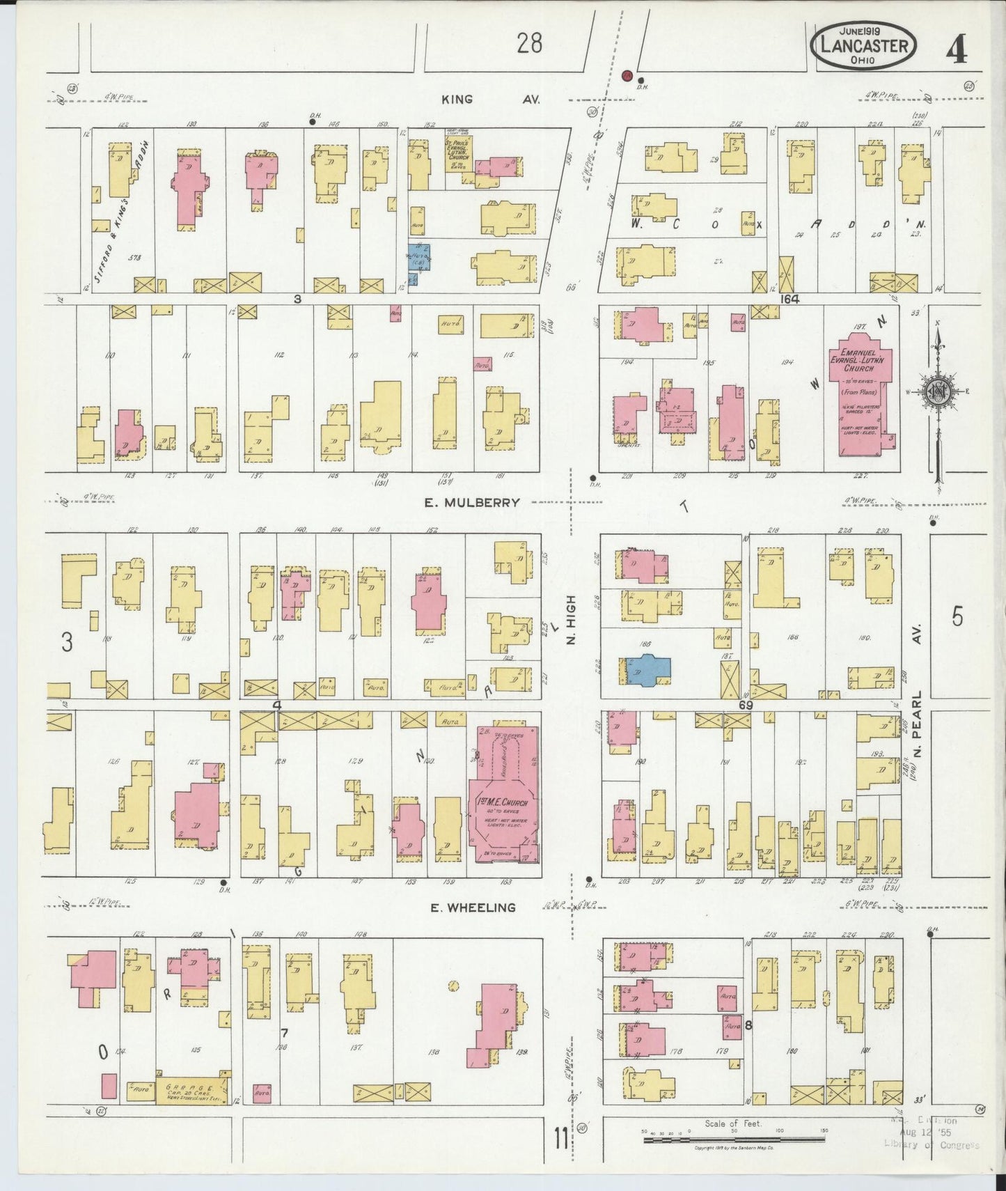 Sanborn Fire Insurance Map from Lancaster, Fairfield County, Ohio (1919), Sheet #0004 - Historic Sanborn Fire Insurance Map Print, vintage old map wall art, antique decor, genealogy gift, Ohio Ohio map