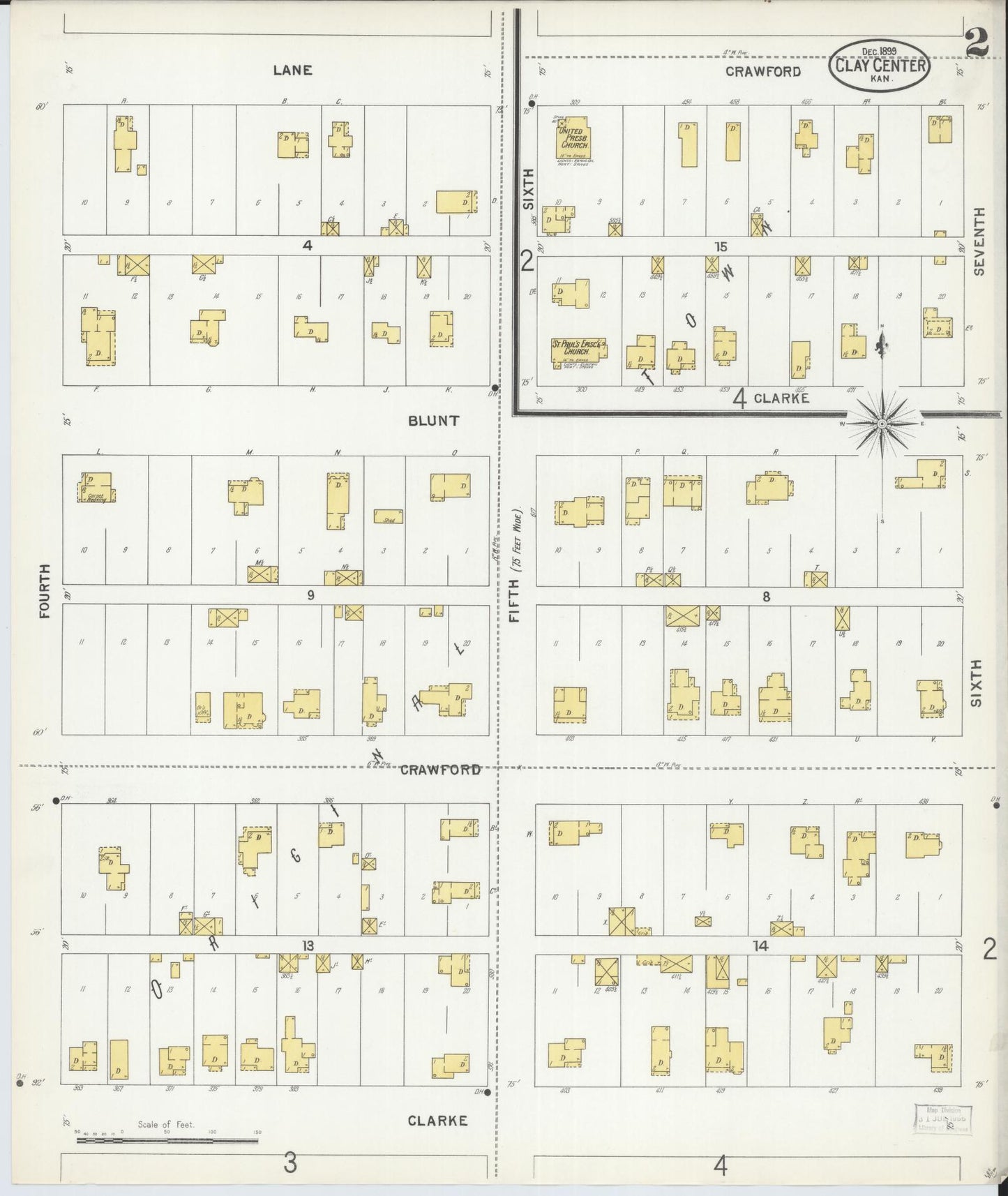 Sanborn Fire Insurance Map from Clay Center, Clay County, Kansas (1899), Sheet #0002 - Historic Sanborn Fire Insurance Map Print, vintage old map wall art, antique decor, genealogy gift, Kansas Kansas map