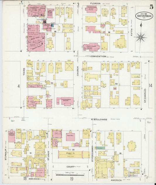 Sanborn Fire Insurance Map from Baton Rouge, East Baton Rouge Parish, Louisiana (1908), Sheet #0005 - Historic Sanborn Fire Insurance Map Print, vintage old map wall art, antique decor, genealogy gift, Louisiana Louisiana map