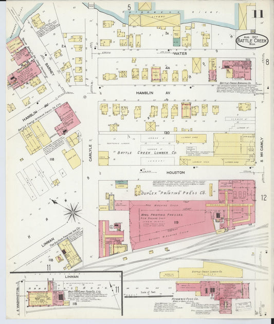 Sanborn Fire Insurance Map from Battle Creek, Calhoun County, Michigan (1907), Sheet #0011 - Historic Sanborn Fire Insurance Map Print, vintage old map wall art, antique decor, genealogy gift, Michigan Michigan map