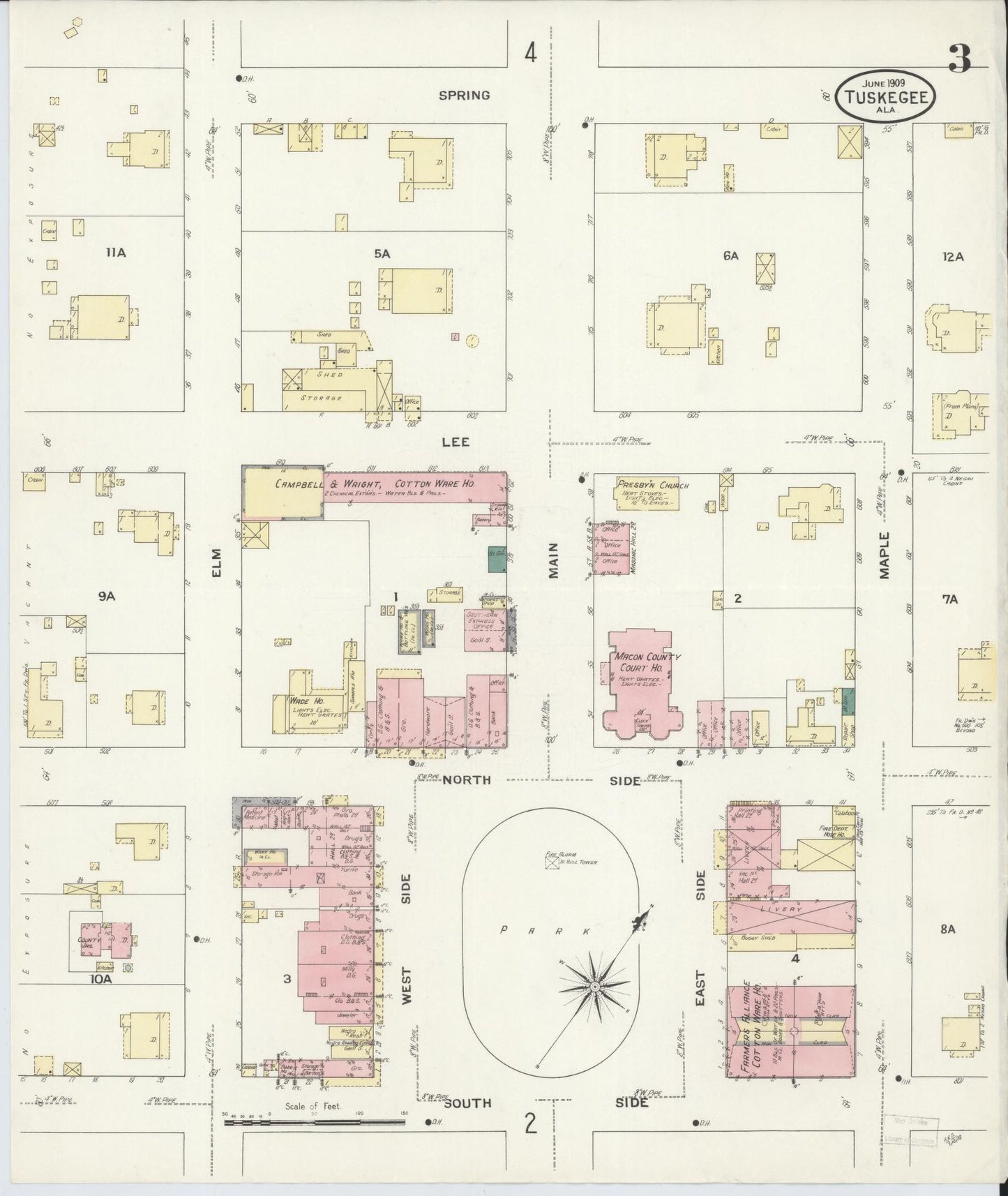 Sanborn Fire Insurance Map from Tuskegee, Macon County, Alabama (1909), Sheet #0003 - Complete Map Set gallery image, historic Sanborn map, vintage wall art, Alabama Alabama