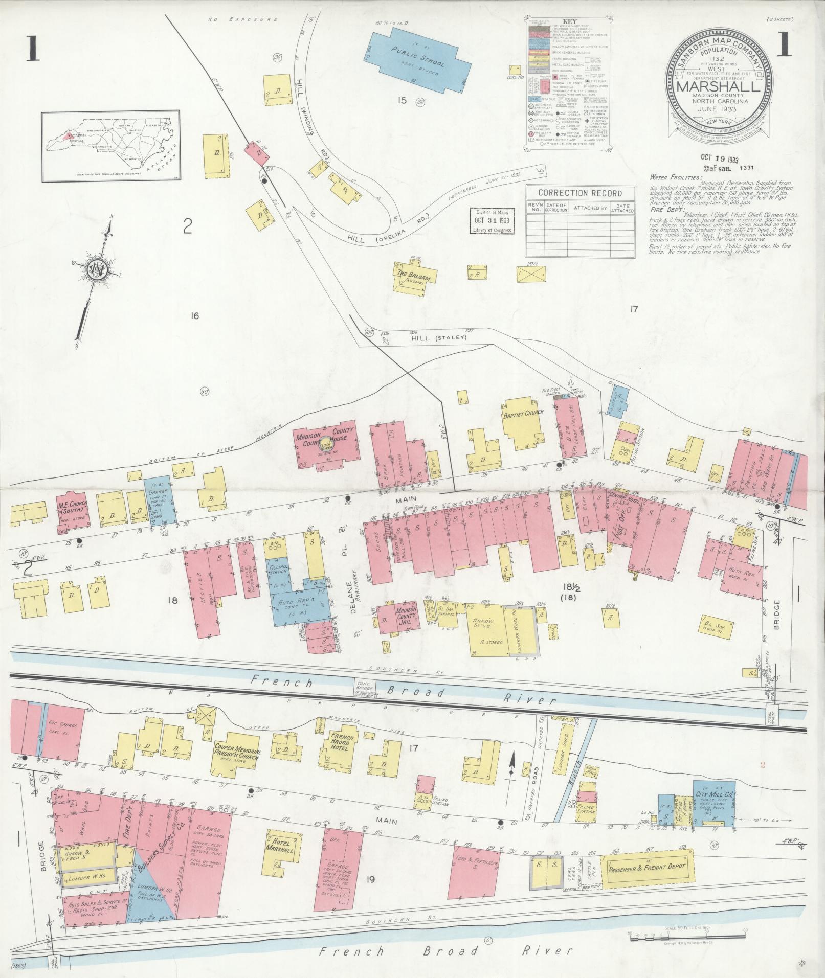 Sanborn Fire Insurance Map from Marshall, Madison County, North Carolina (1933), Sheet #0001 - Historic Sanborn Fire Insurance Map Print, vintage old map wall art, antique decor, genealogy gift, North Carolina North Carolina map